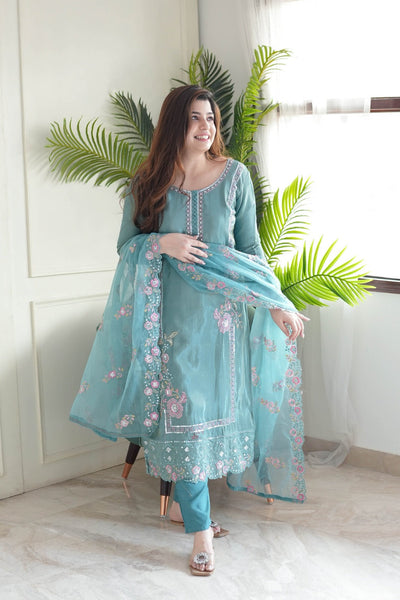 Azurea Sky Blue Pure Chinon Suit Set