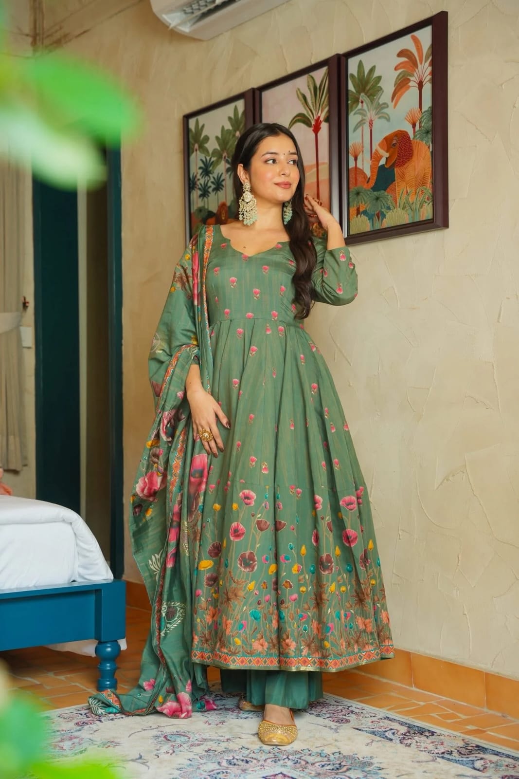 Dark Green Floral Printed Muslin Suit Set