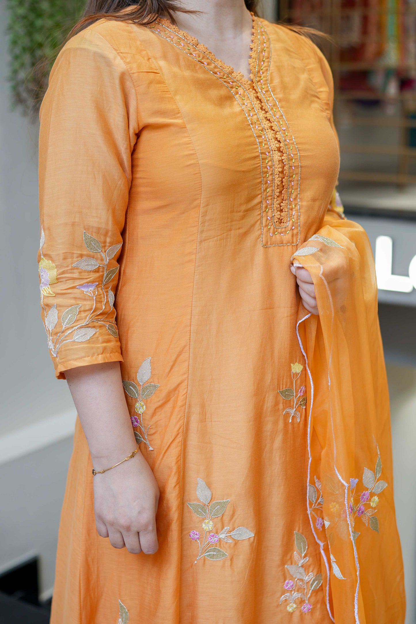 Sunshine Orange Embroidered Muslin Suit Set