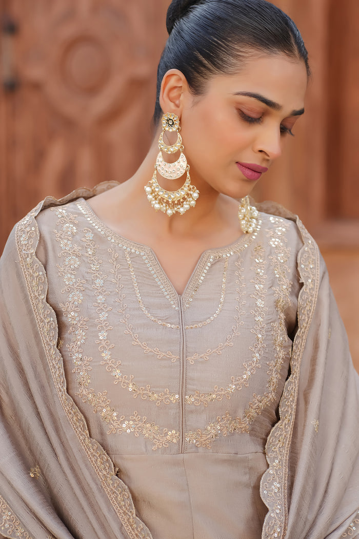 Beige Embroidered Vichitra Silk Sharara Suit Set
