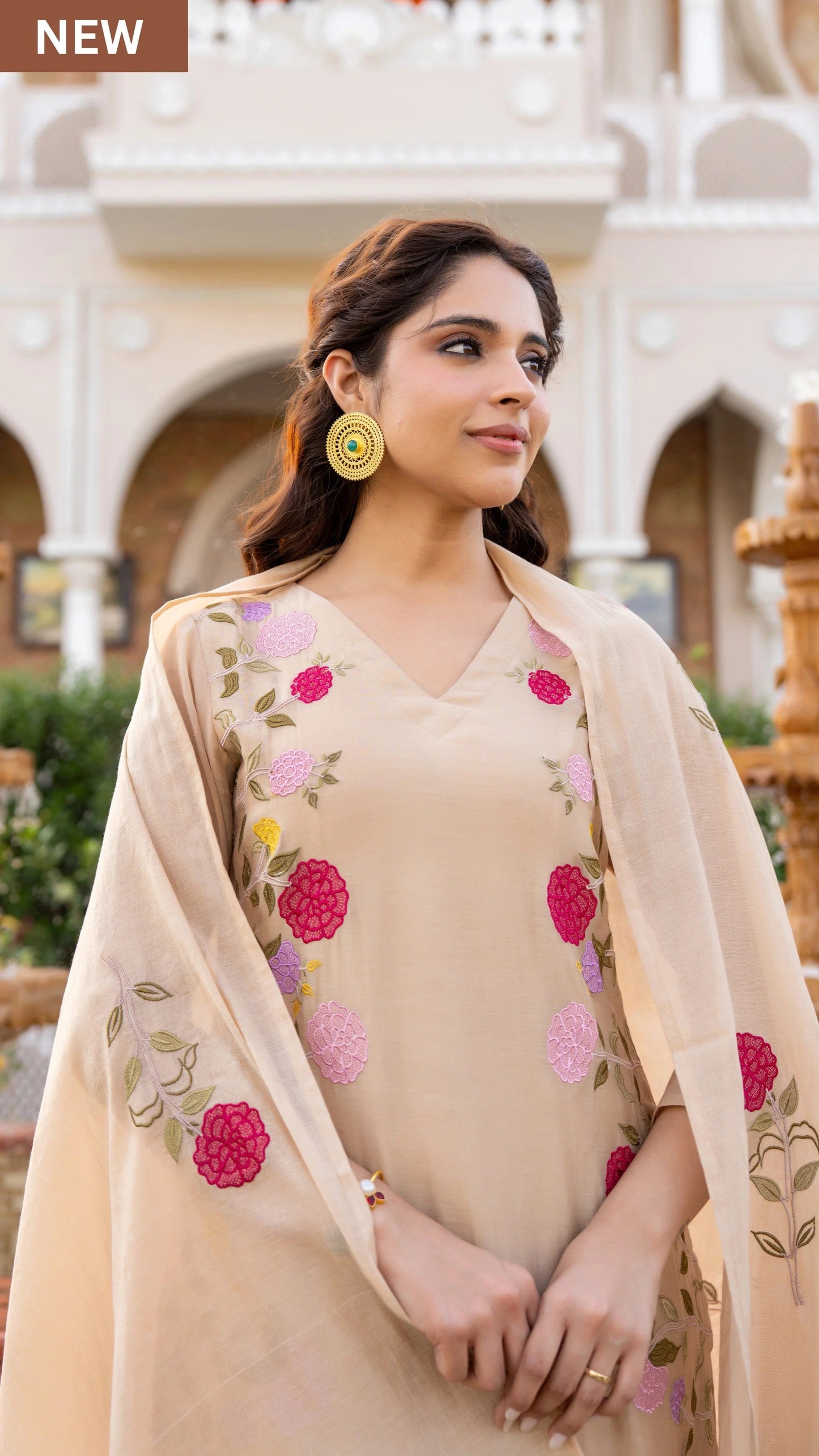 Cream Floral Printed Chanderi Kurta Set