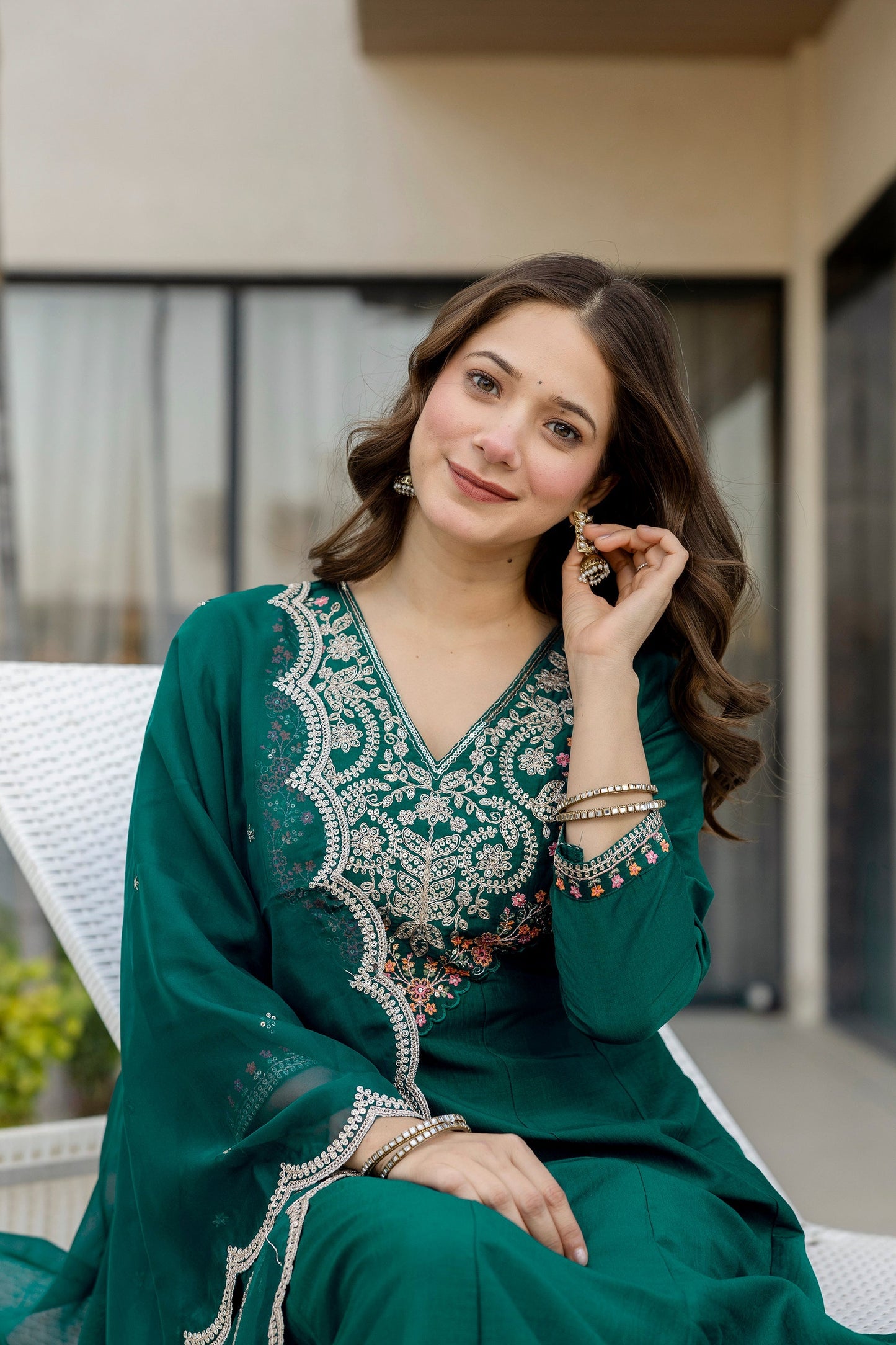 Green Chinnon Embroidered Kurta Set