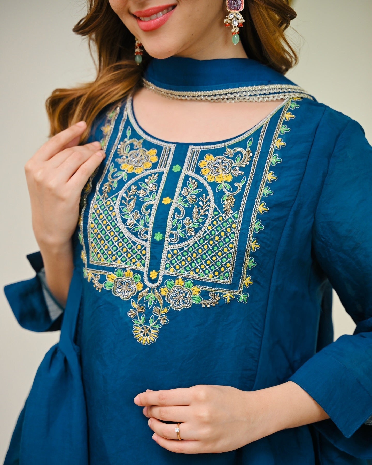 Teal Blue Mul Chanderi Embroidered Kurta Set