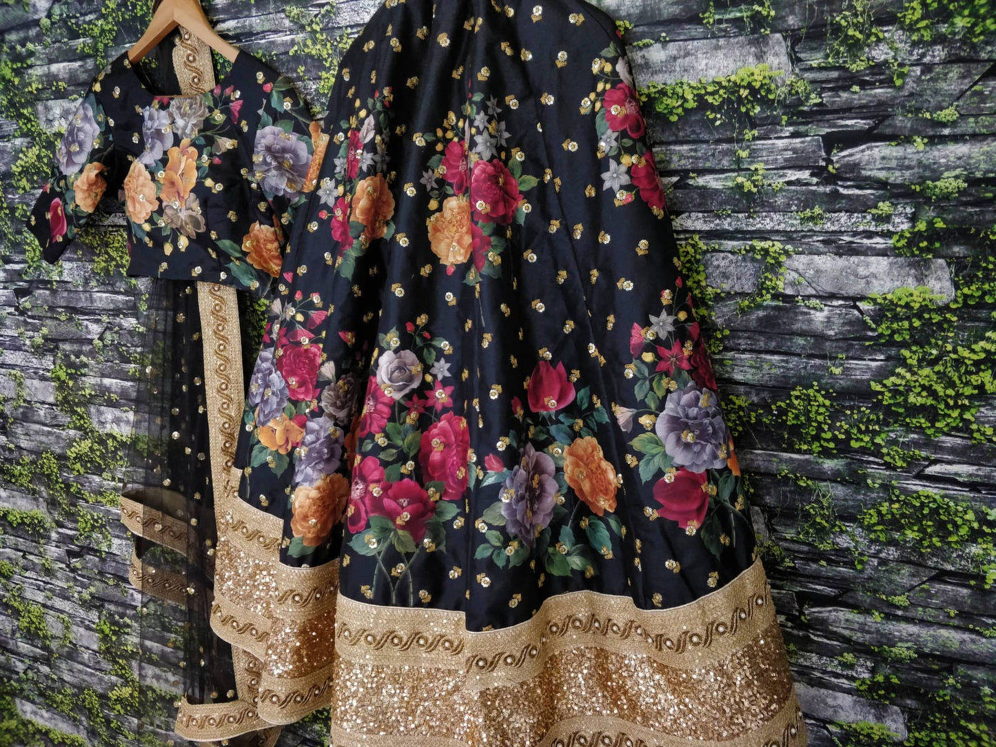 Black Fine Art Silk Pearl Embroidered Lehenga Set