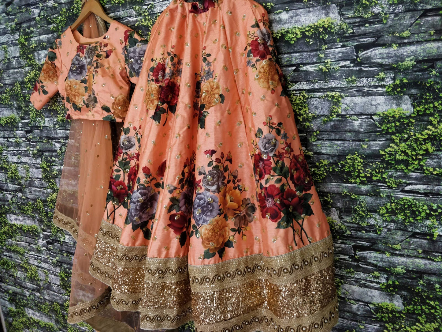 Peach Fine Art Silk Pearl Embroidered Lehenga Set