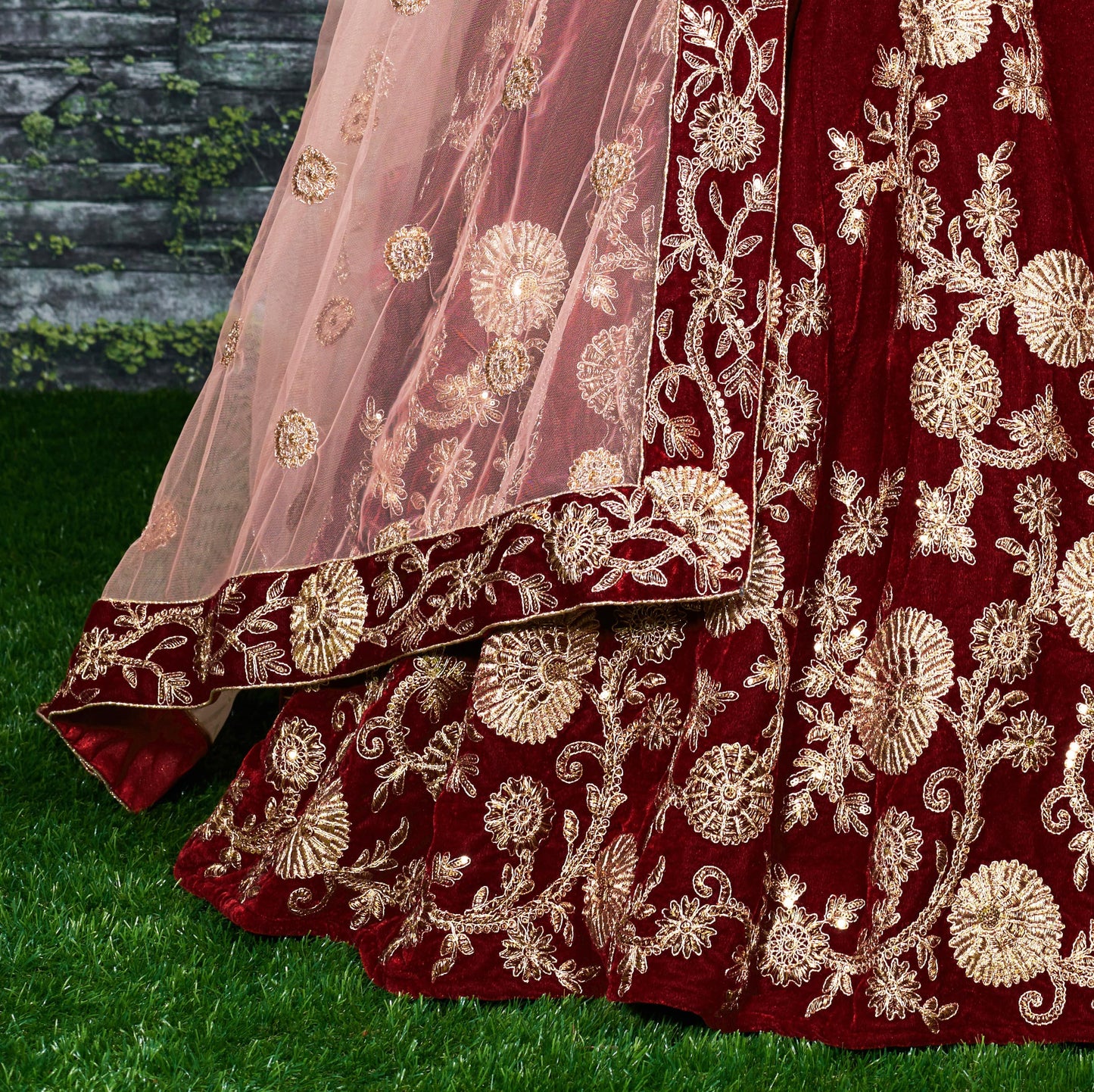 Crimson Marron Velvet Bridal Lehenga Choli