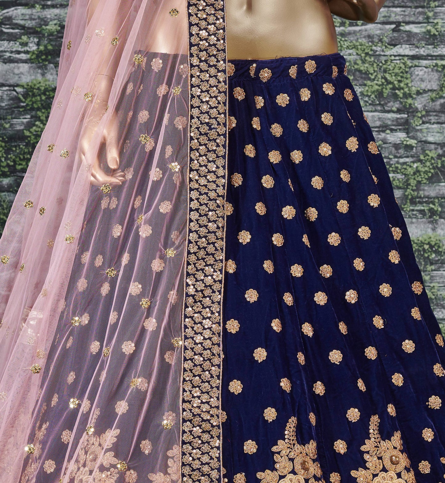 Royal Blue Velvet Embroidered Lehenga Set
