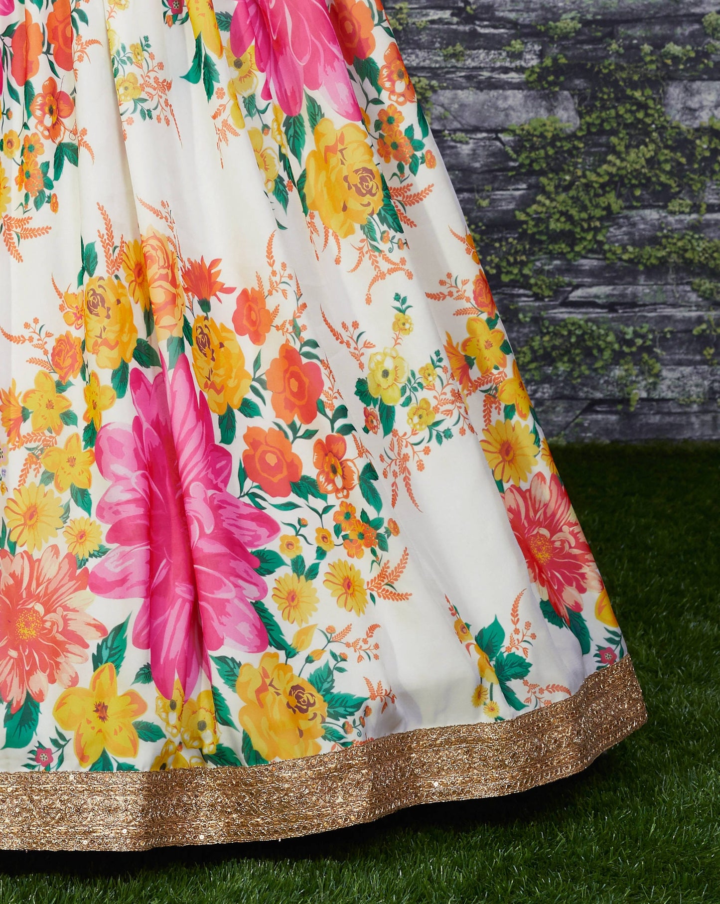 Cream Green Floral Khadi Organza Lehenga Set