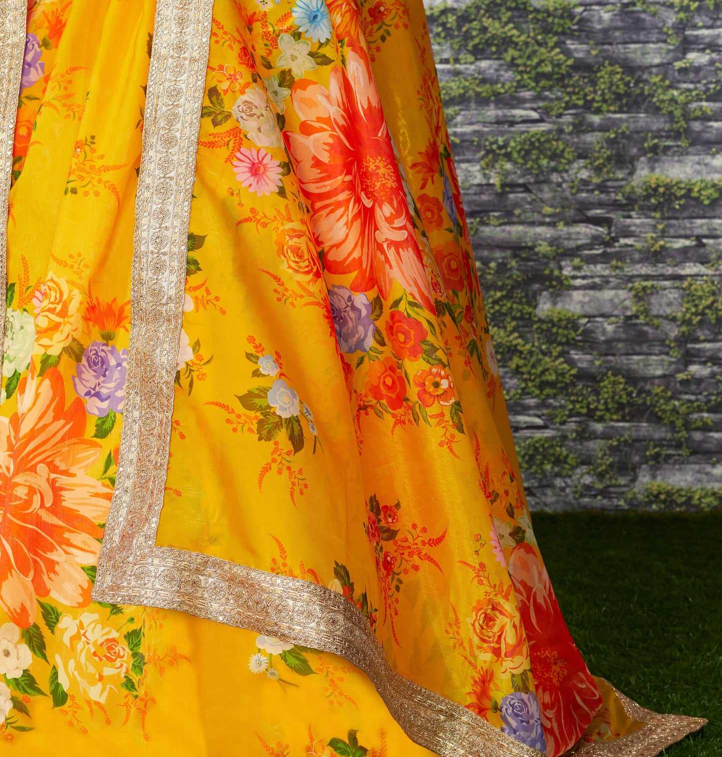Yellow Green Floral Khadi Organza Lehenga Set
