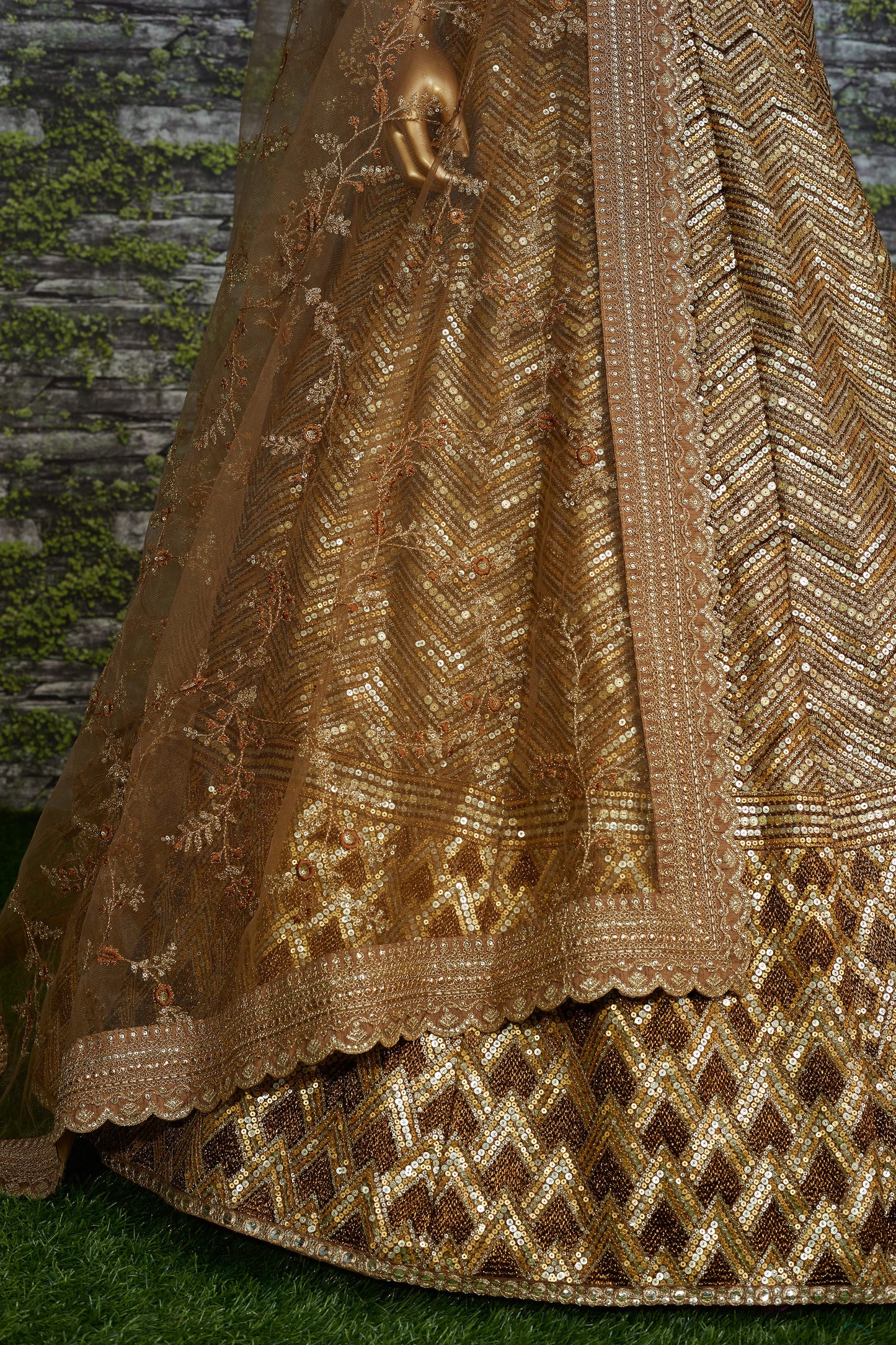 Golden Mocha Slub Silk Embroidered Lehenga Choli Set