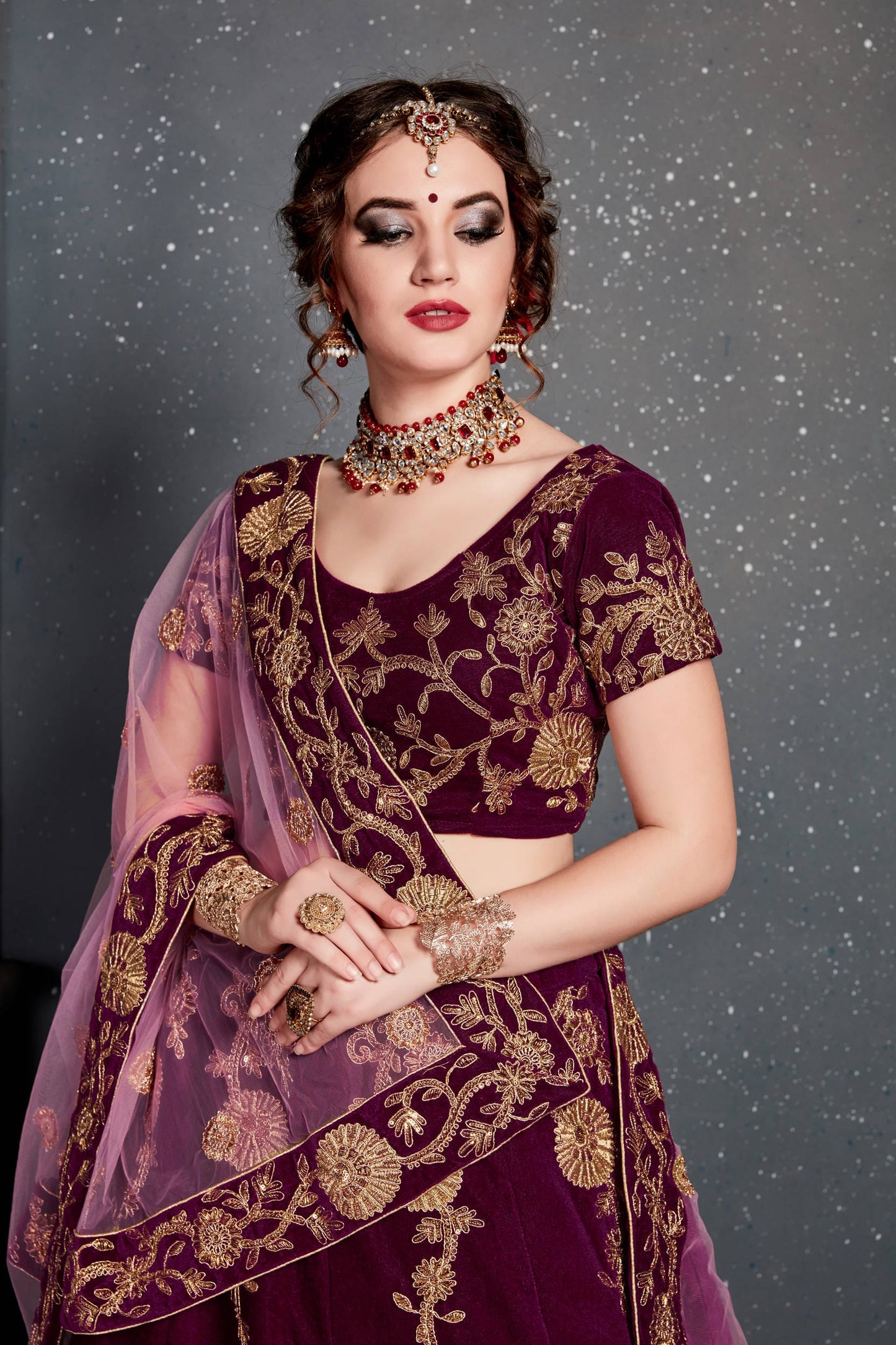 Purple Velvet Embroidered Lehenga Choli Set