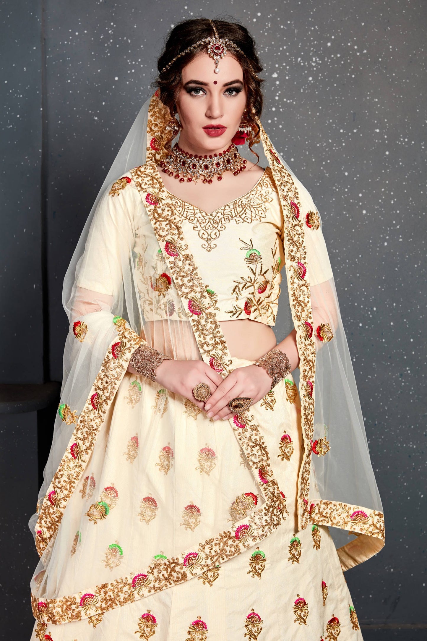 Cream Slub Silk Embroidered Lehenga Choli Set