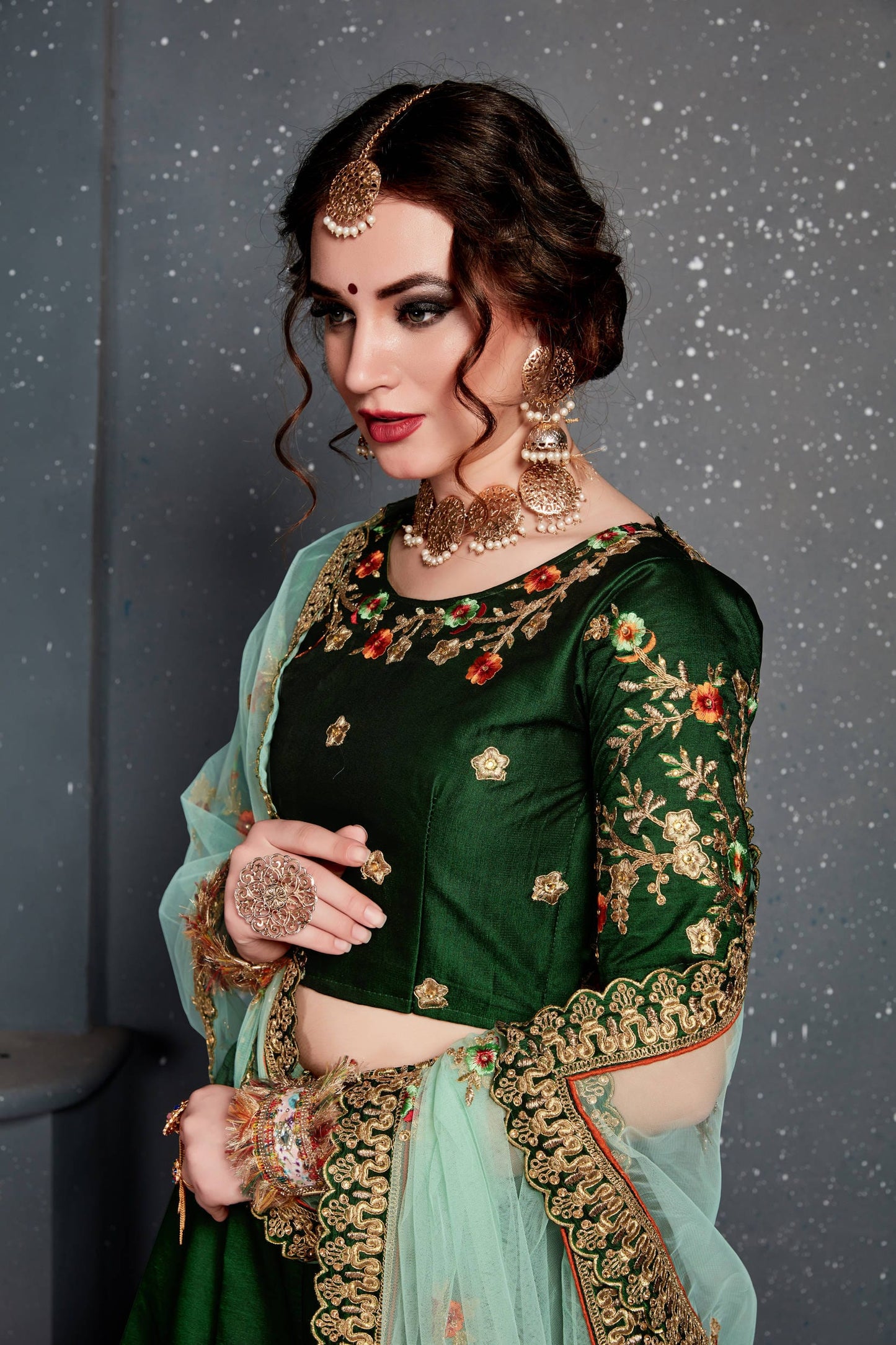 Dark Green Taffeta Satin Silk Embroidered Lehenga Choli