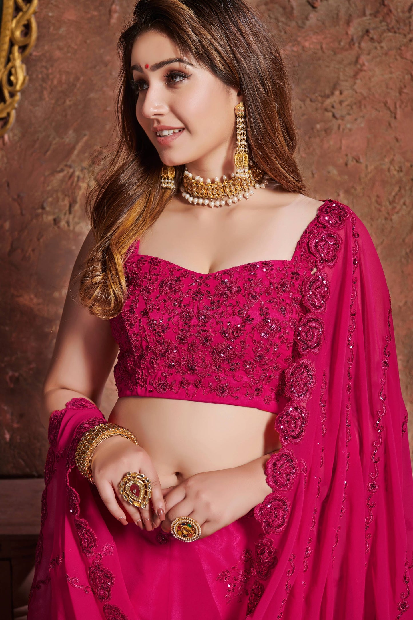Pink Georgette Embroidered Lehenga Choli Set