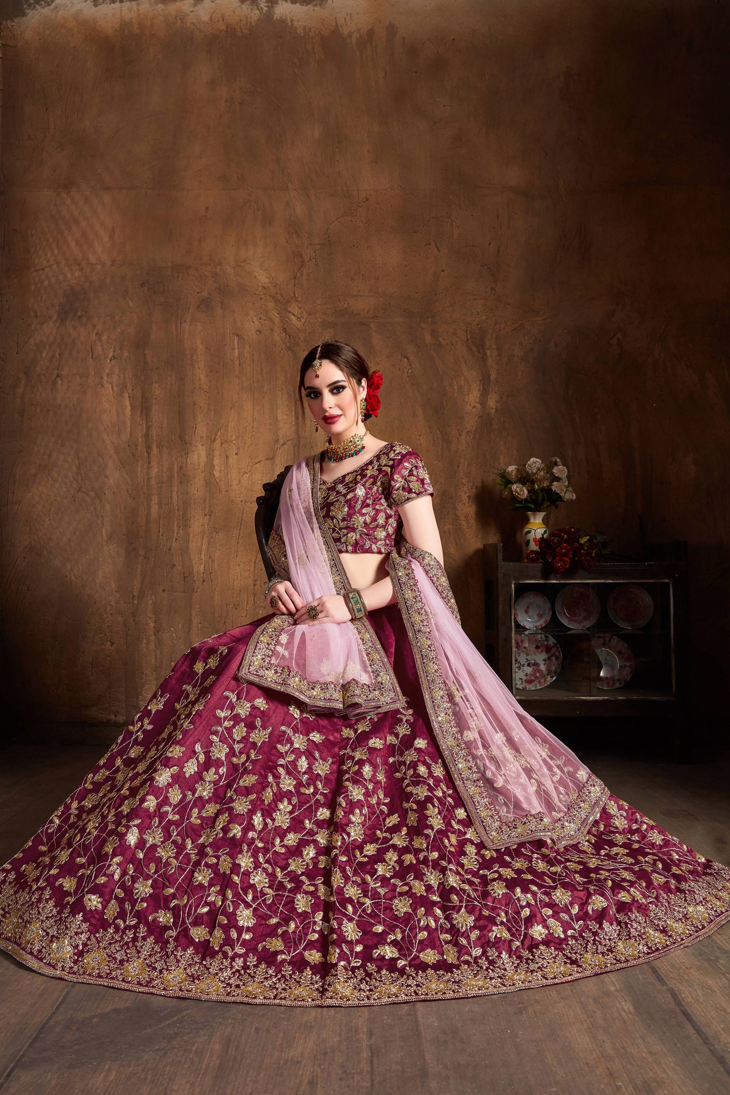 Maroon Raw Silk Embroidered Lehenga Choli Set