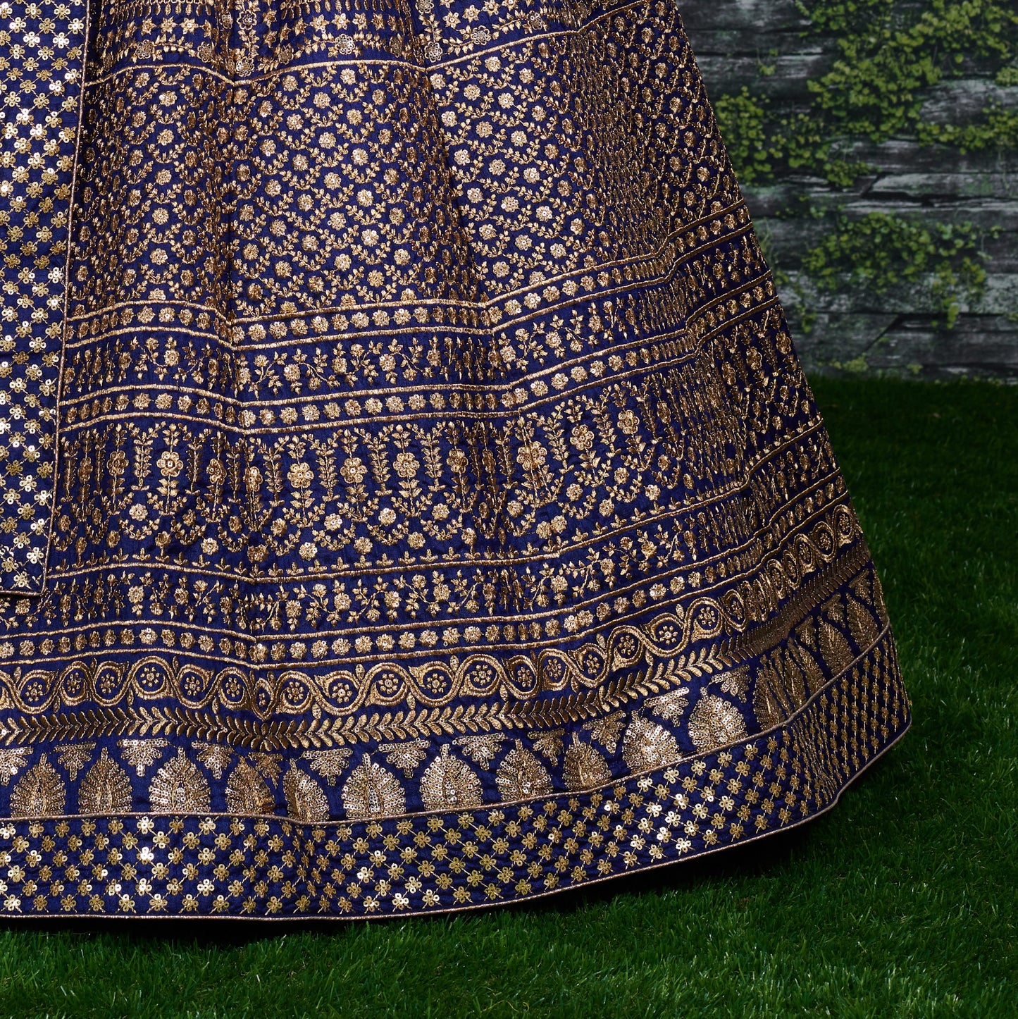 Navy Blue Raw Silk Embroidered Semi-Stitched Lehenga Choli