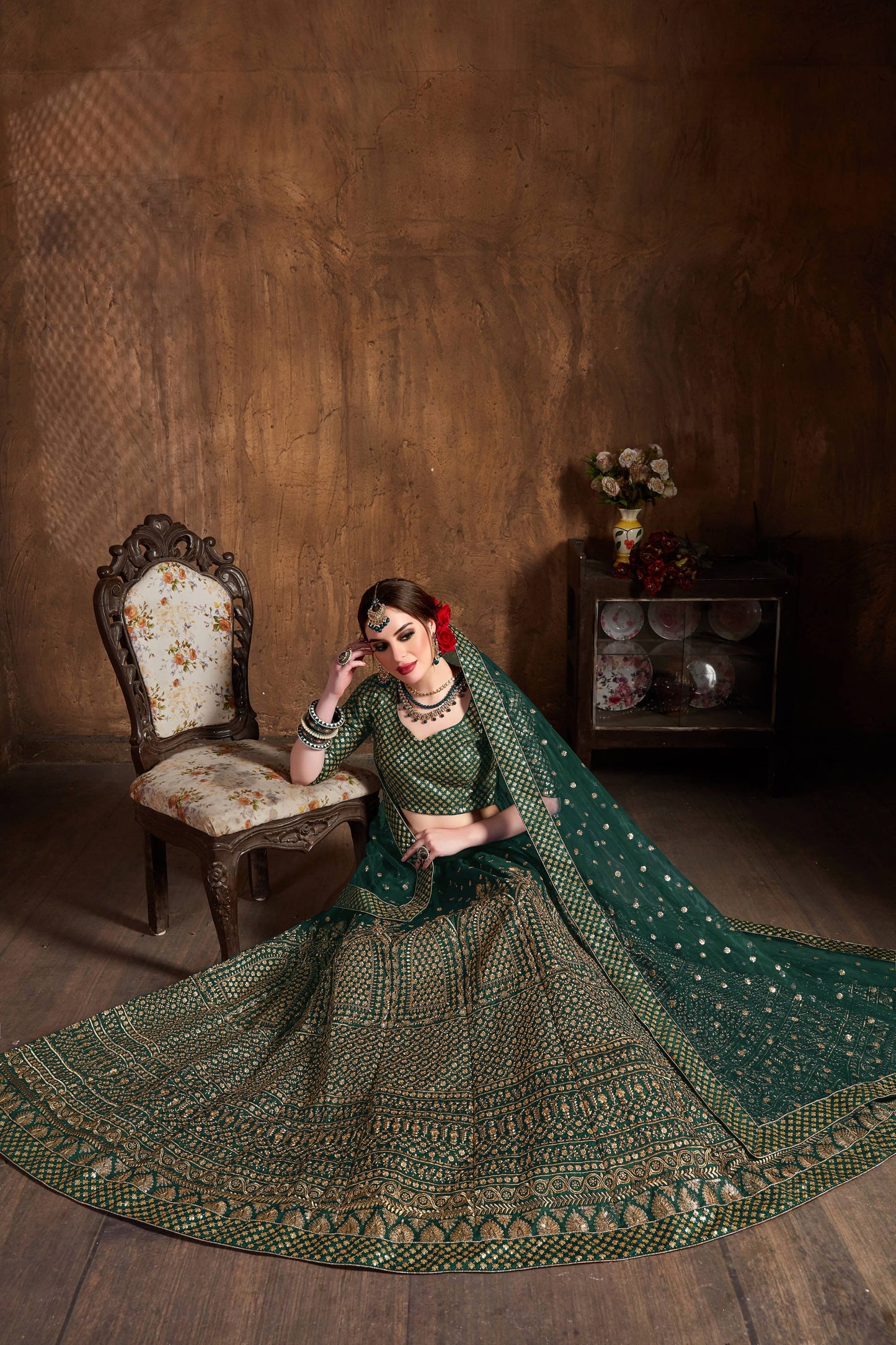 Emerald Green Raw Silk Zari Embroidered Lehenga Choli Set