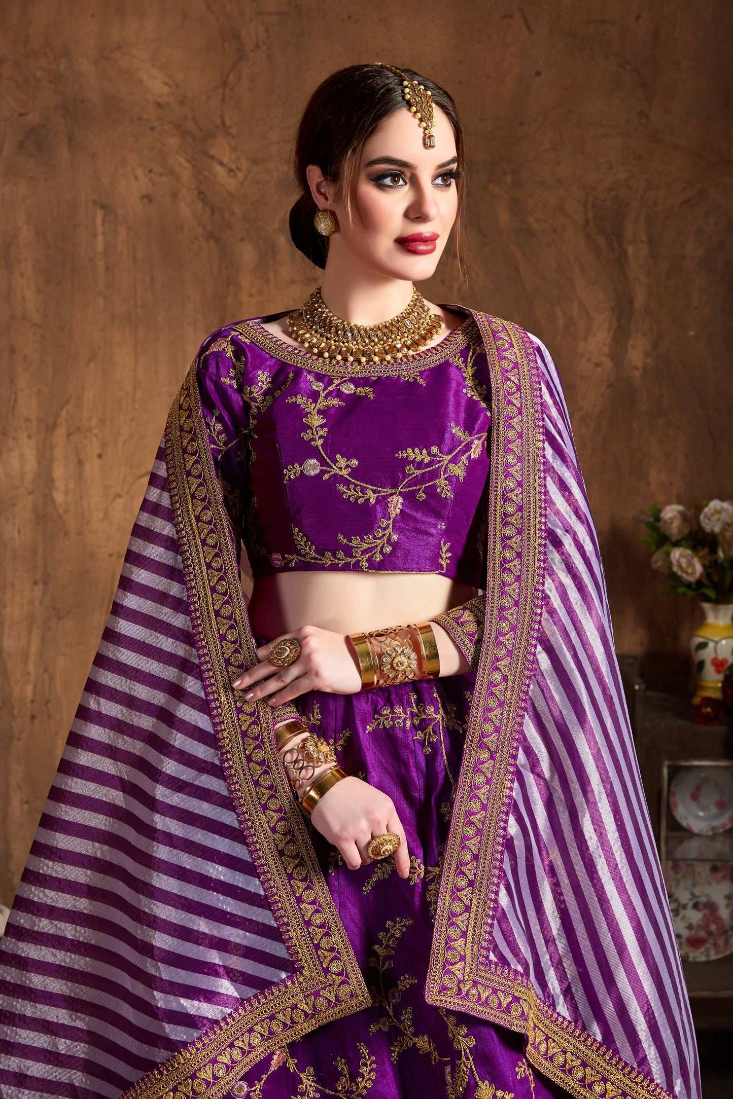 Royal Purple Mulberry Silk Embroidered Lehenga Choli Set