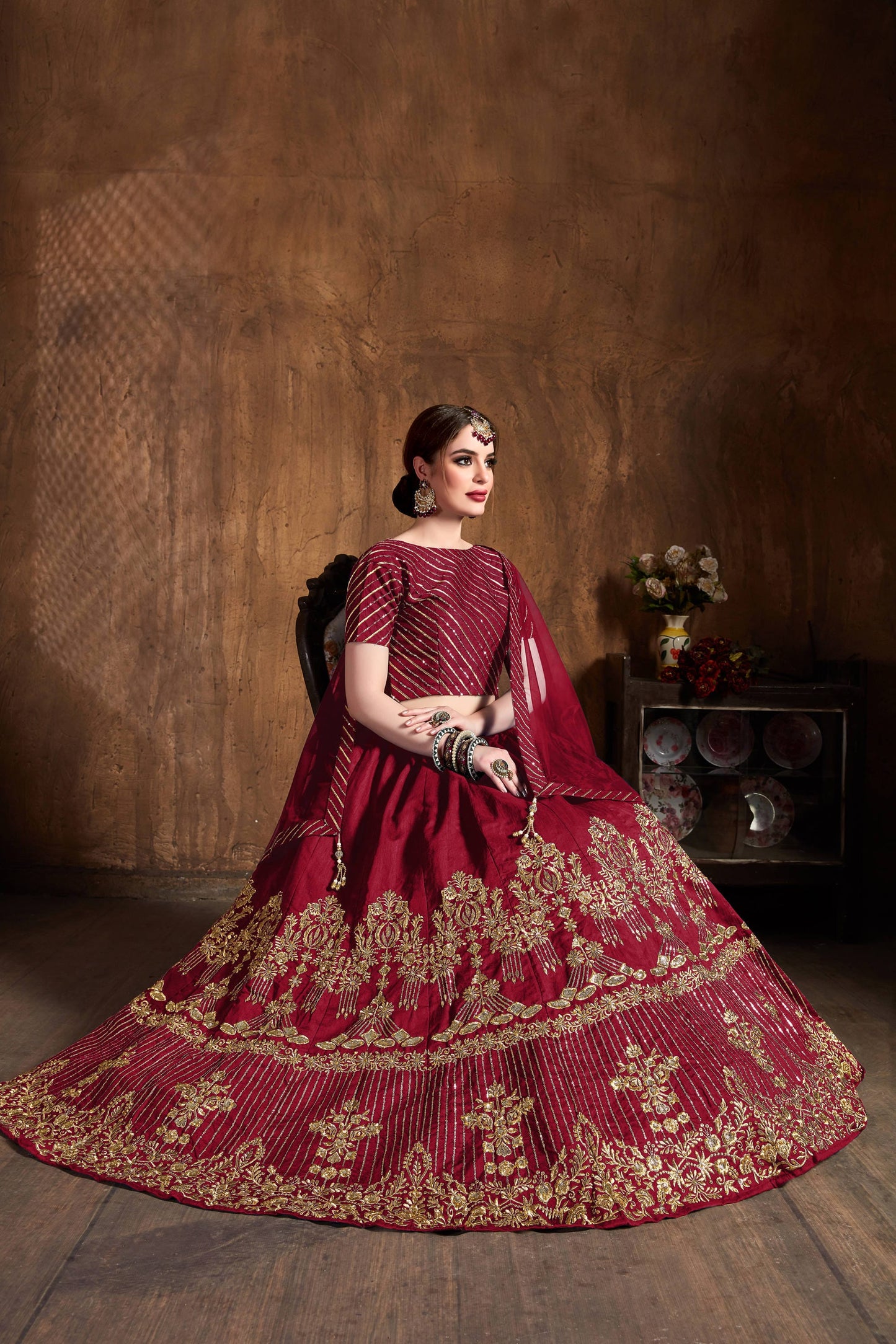 Ruby Red Art Silk Embroidered Lehenga Choli Set