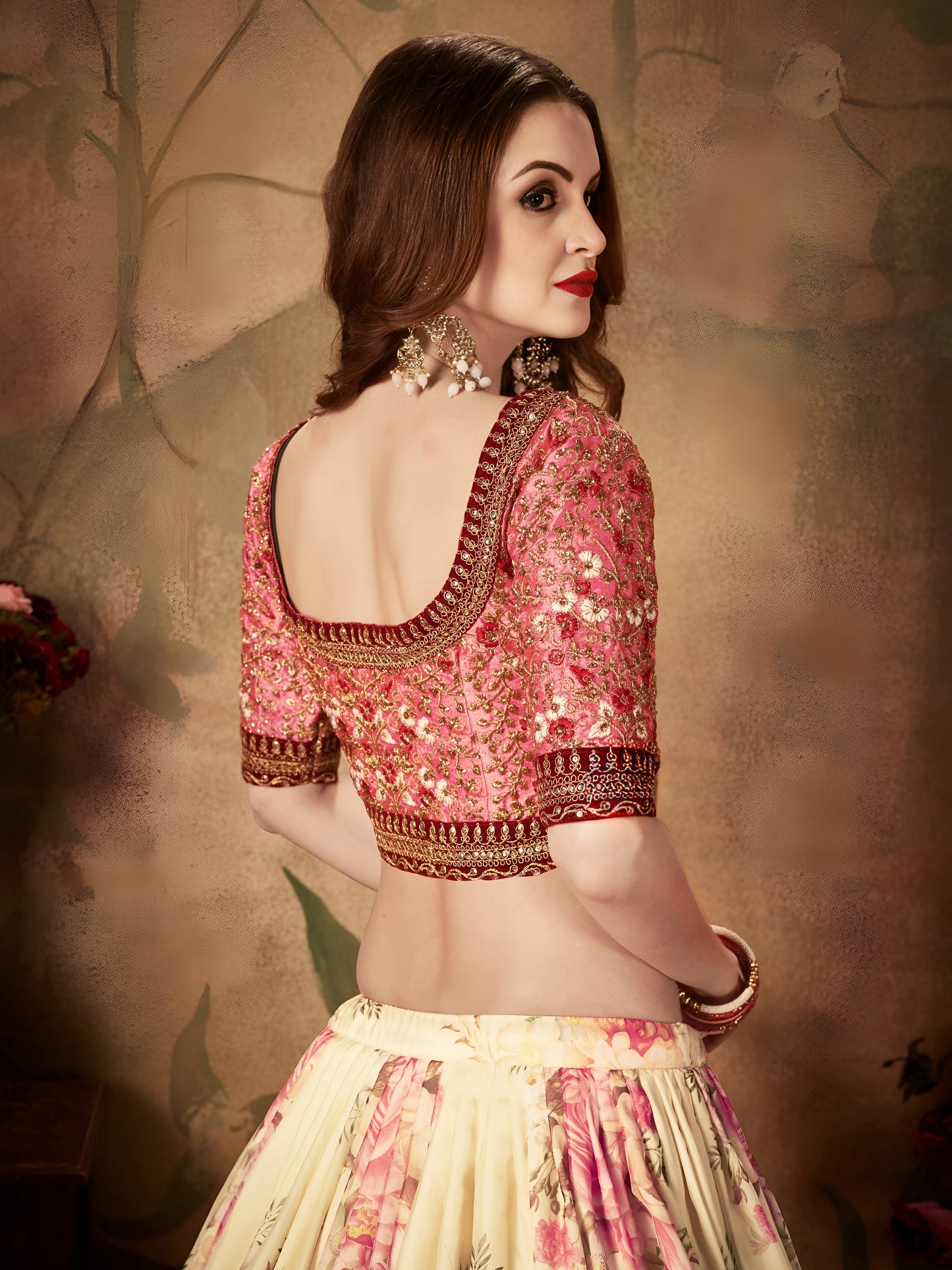 Ivory Peach Floral Organza Lehenga Set