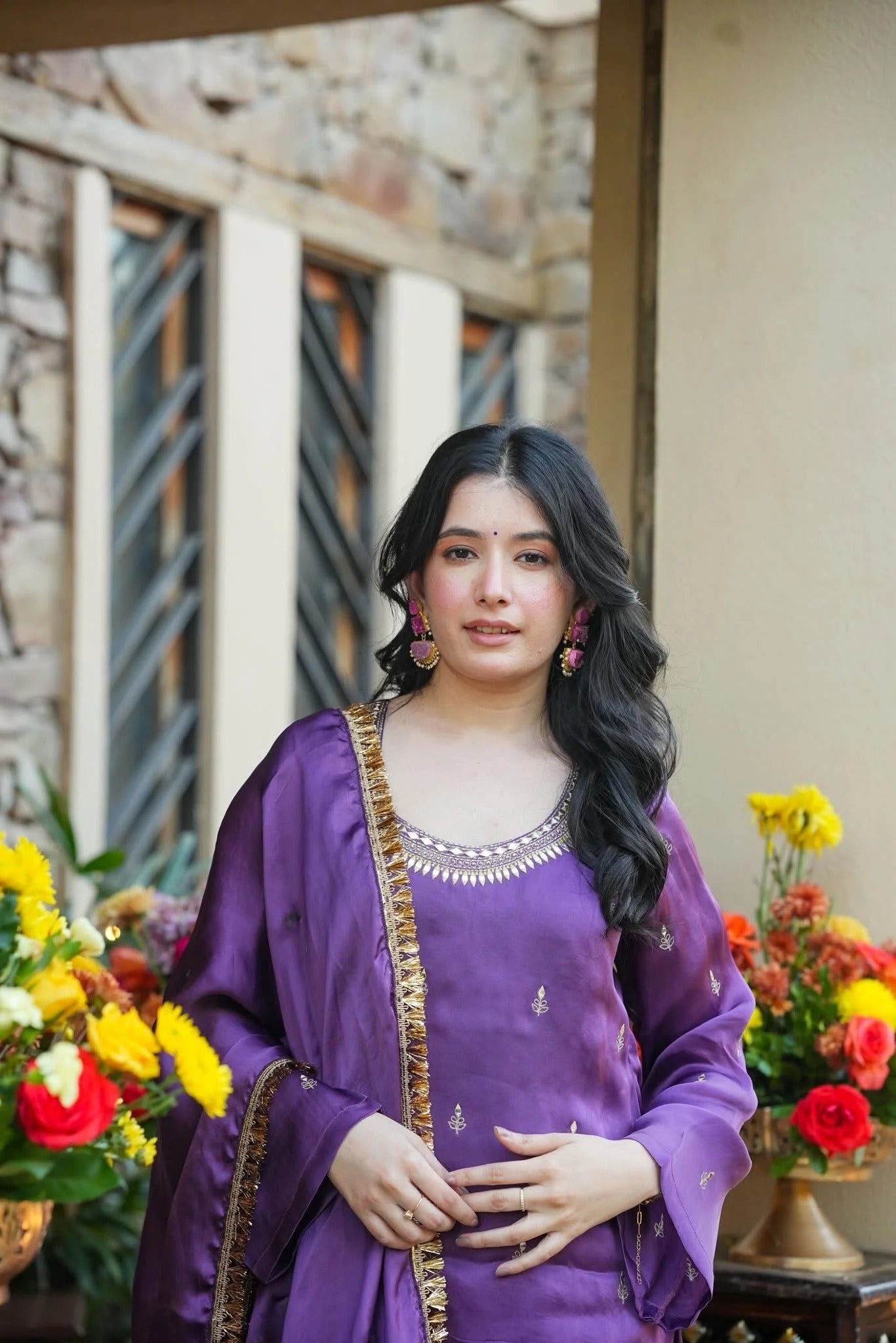 Lavender Silk Crepe Embroidered Palazzo Set