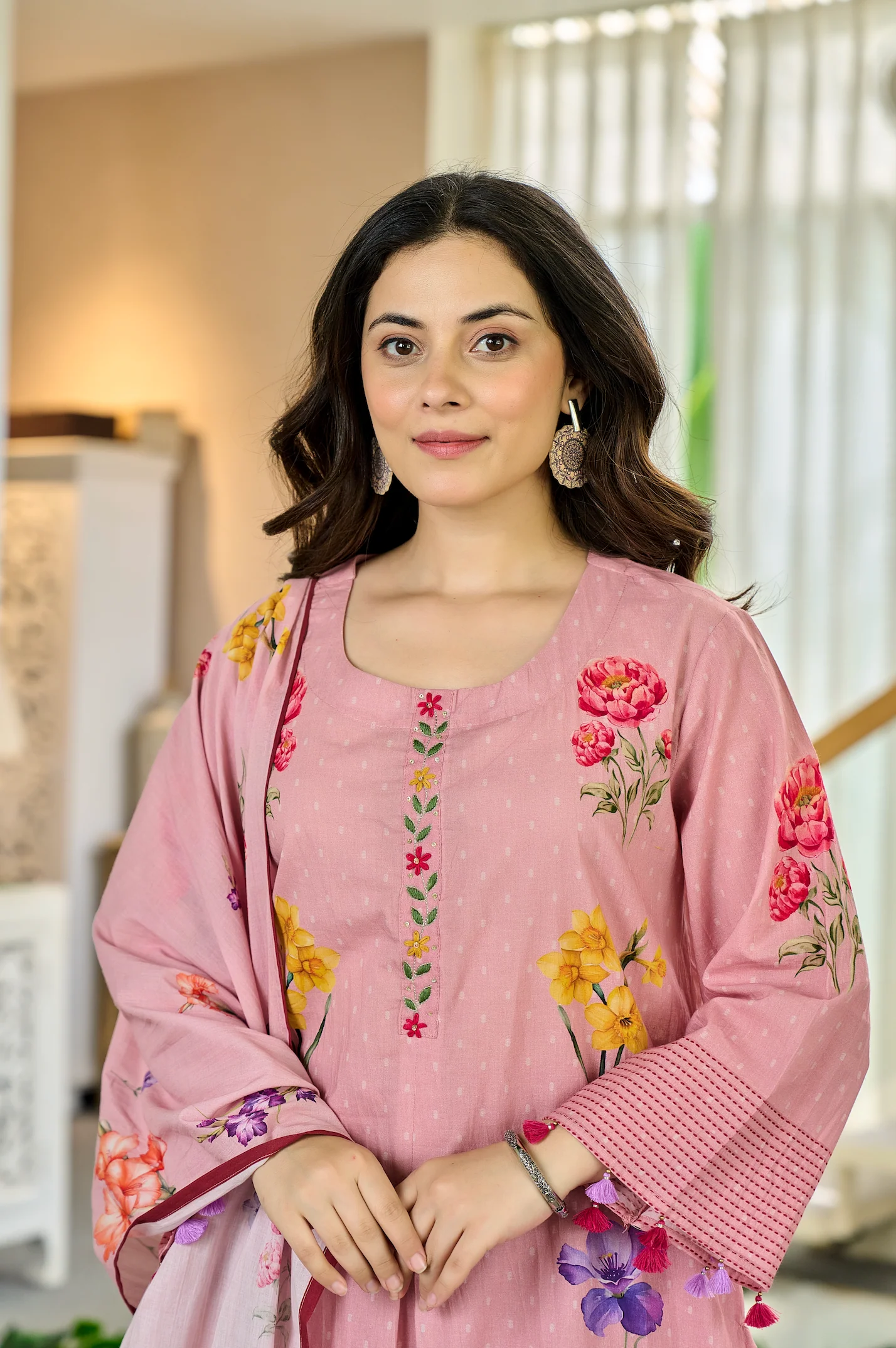 Pink Chanderi Butti Printed Kurti Set