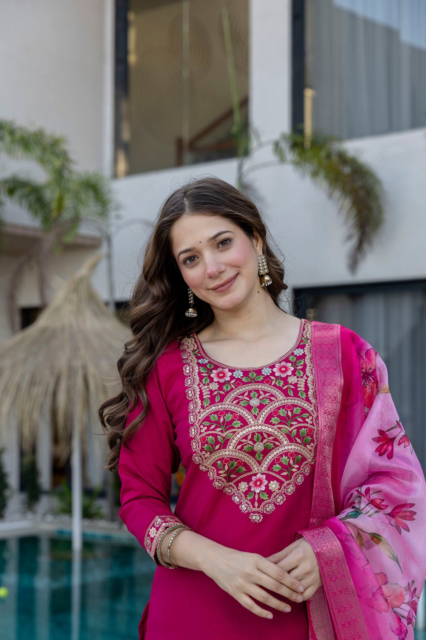 Magenta P.V. Chanderi Embroidered Kurti Set