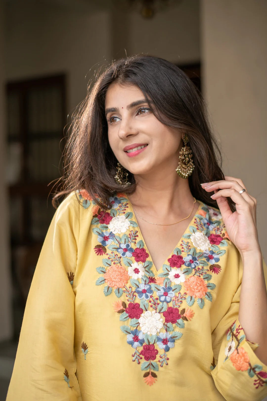 Yellow French Crepe Embroidered Kurti Set