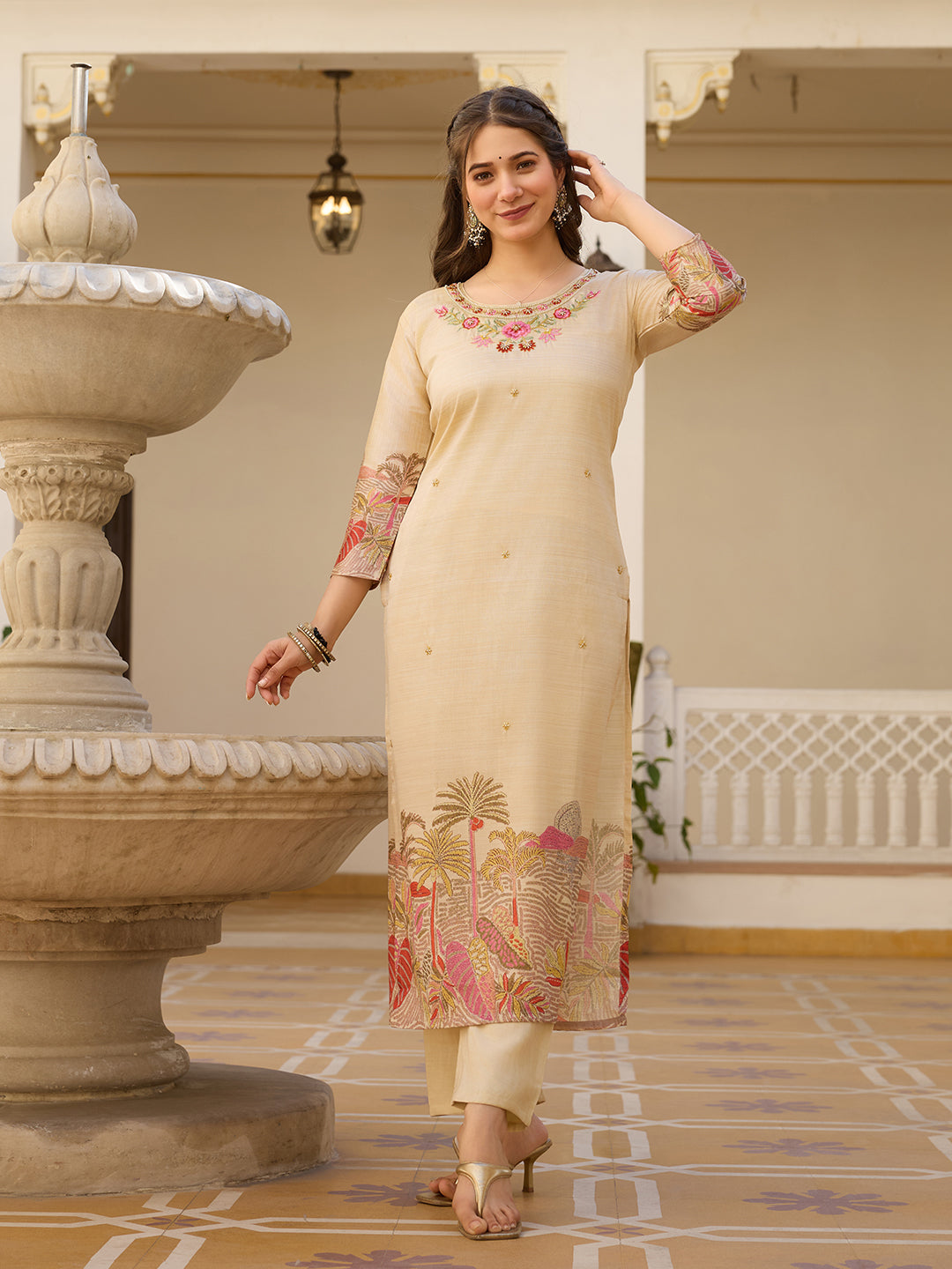 Cream Assam Silk Embroidered Suit Set