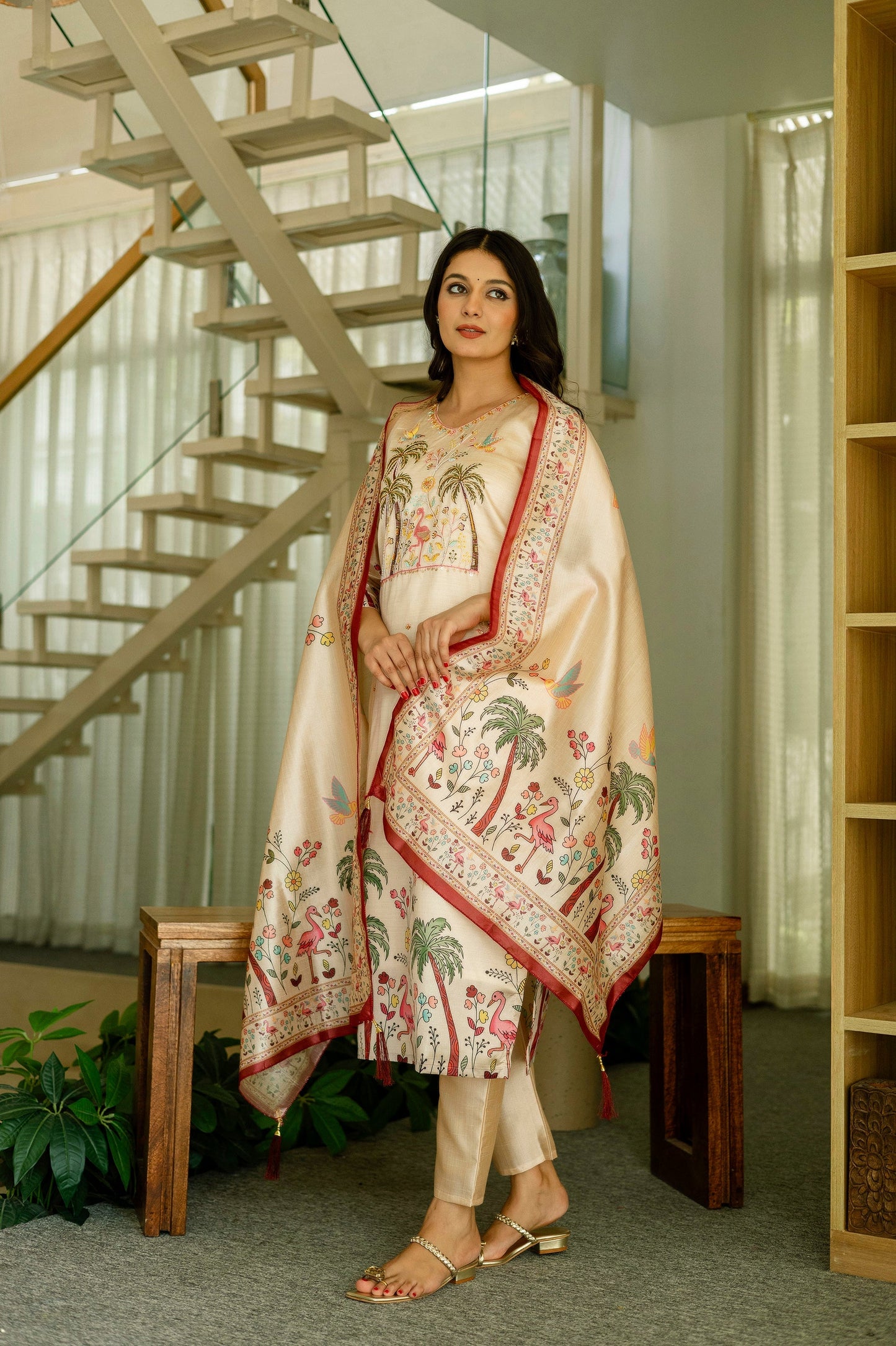 Ivory Cream Assam Silk Embroidered Suit Set