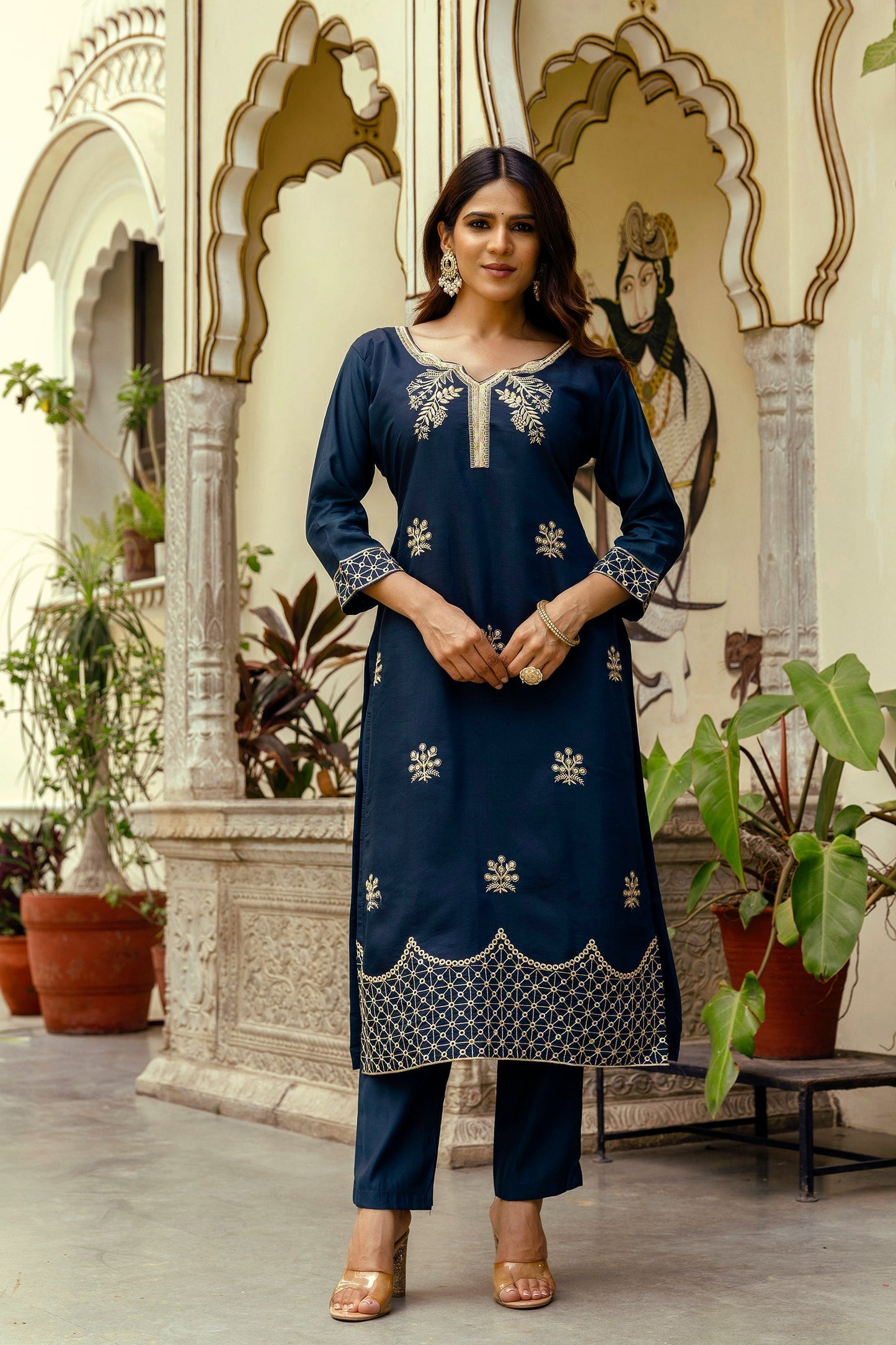 Navy Blue Chanderi Embroidered Suit Set