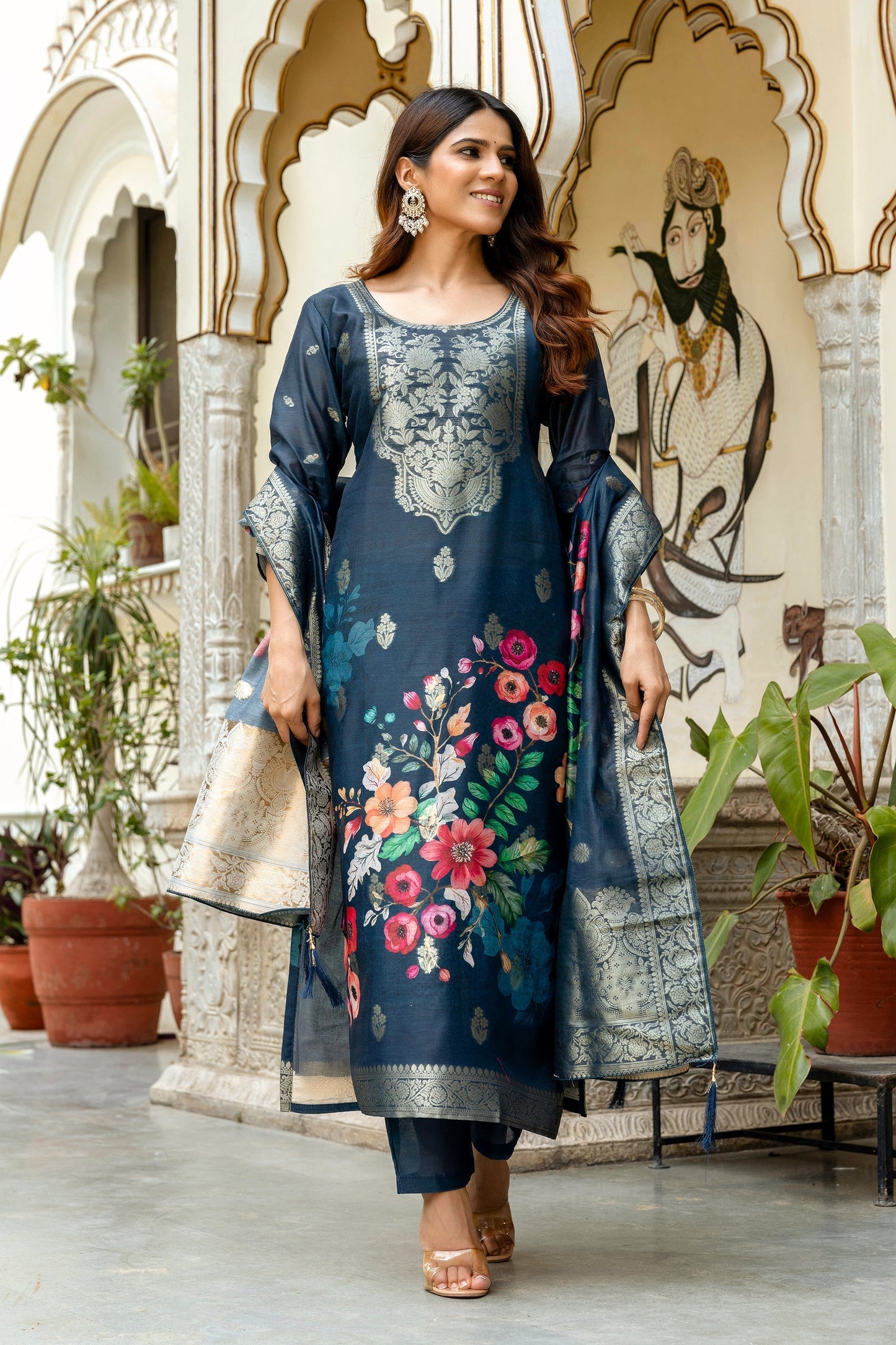 Navy Blue Chanderi Cotton Printed Suit Set