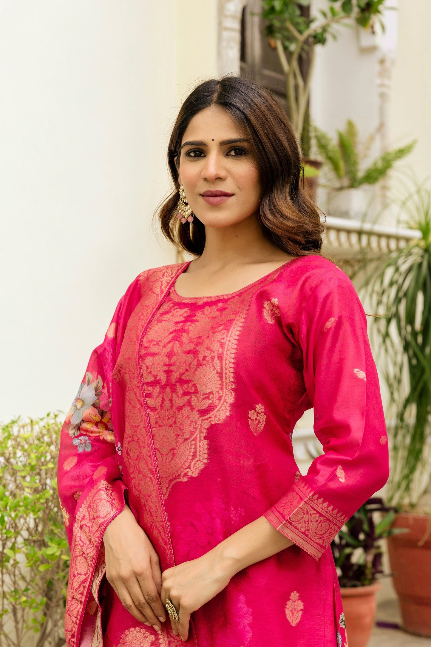 Pink Chanderi Cotton Printed Suit Set
