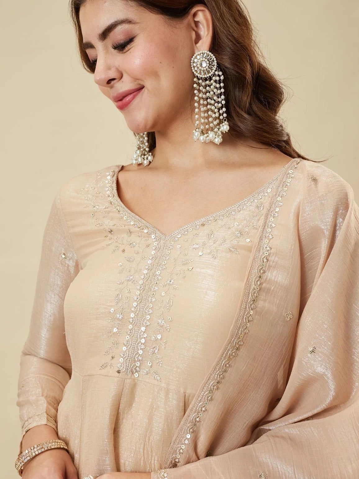 Cream Crunchy Silk Embroidered Sharara Set