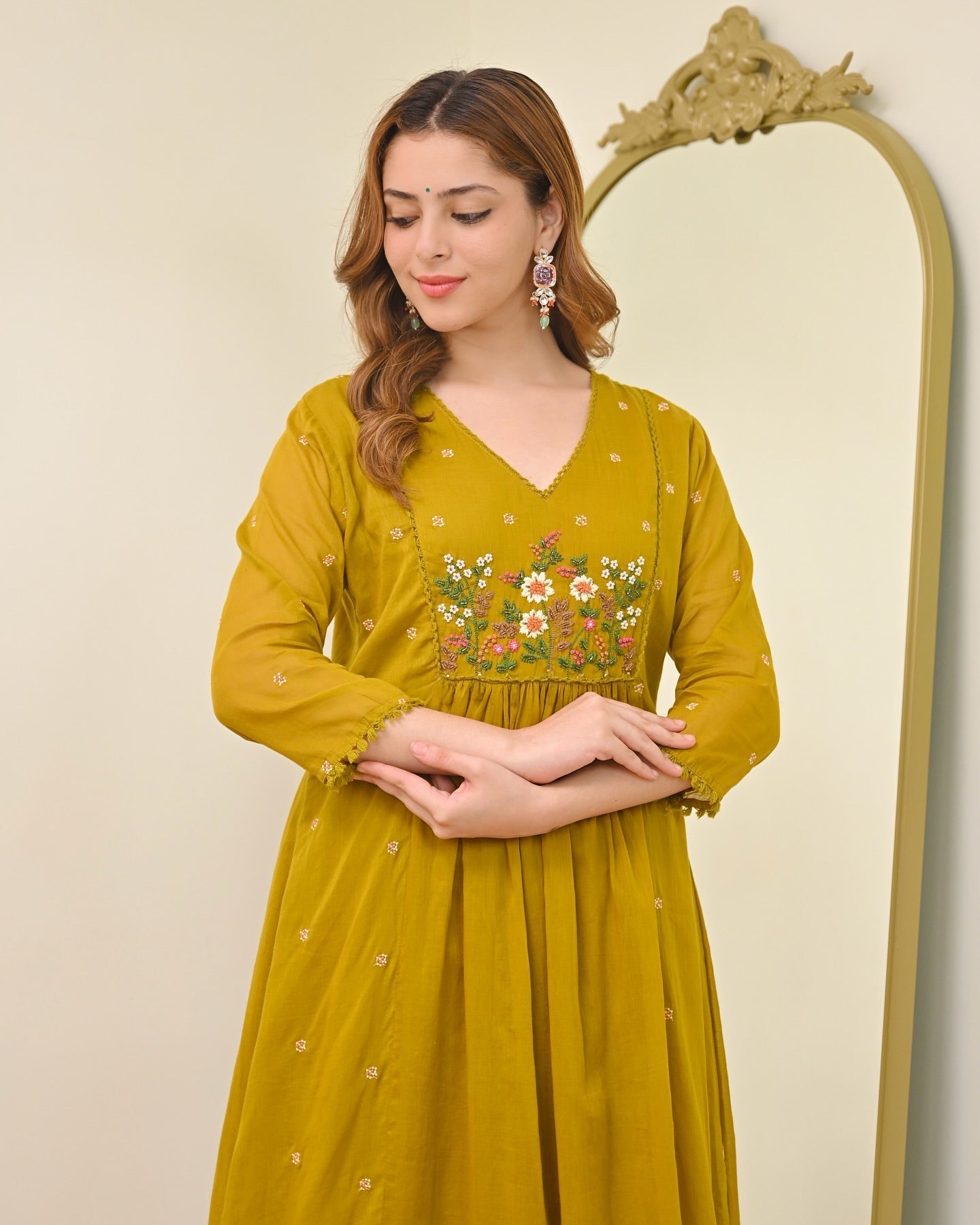 Mustard Yellow Mul Chanderi Embroidered Kurta Set
