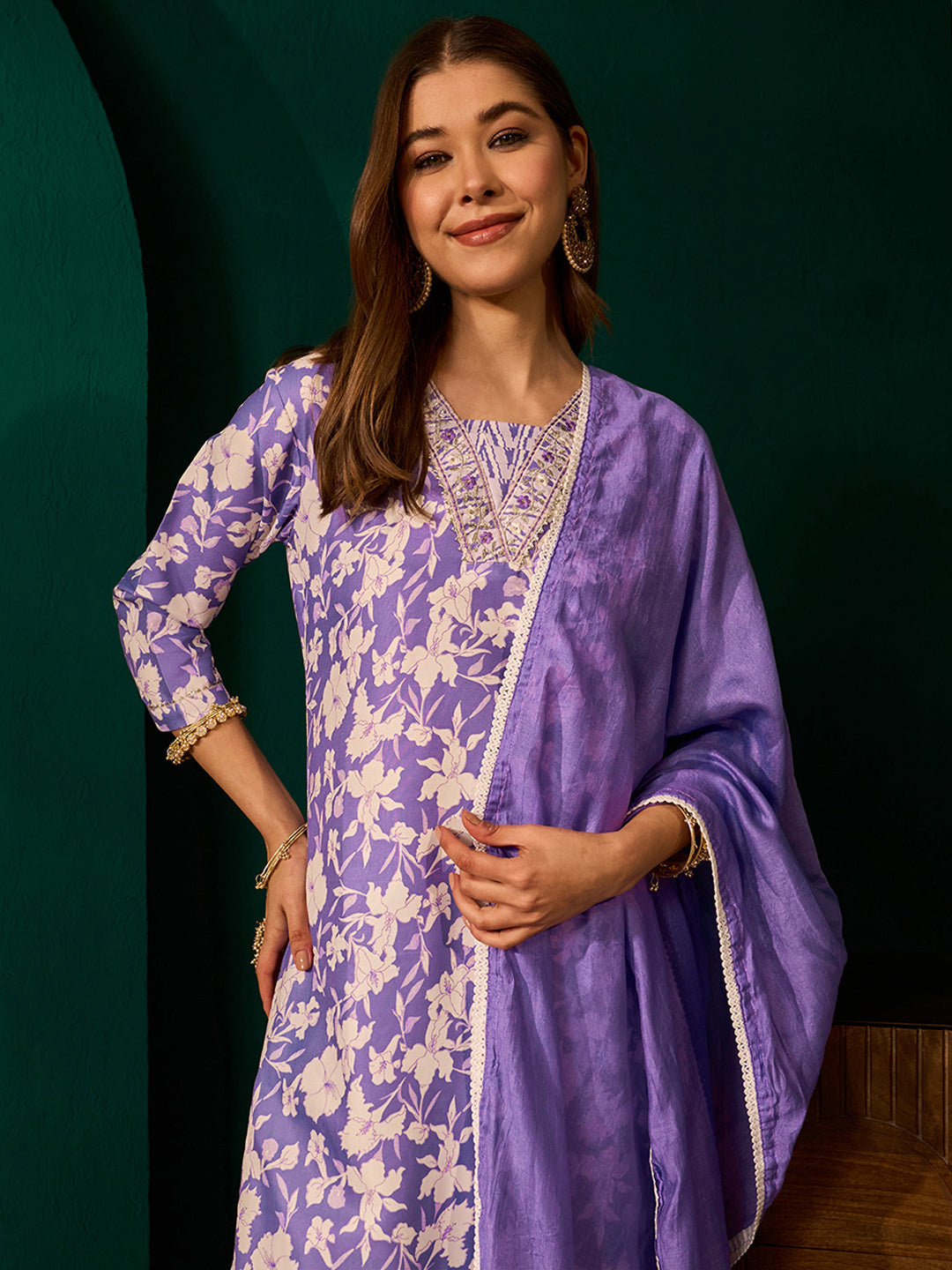 Lavender Rayon Embroidered Kurta Set