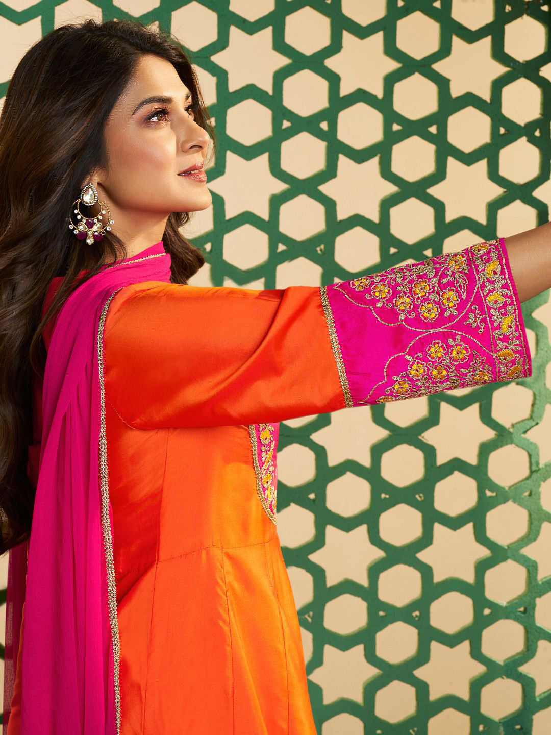 Orange Chanderi Cotton Embroidered Kurti Set