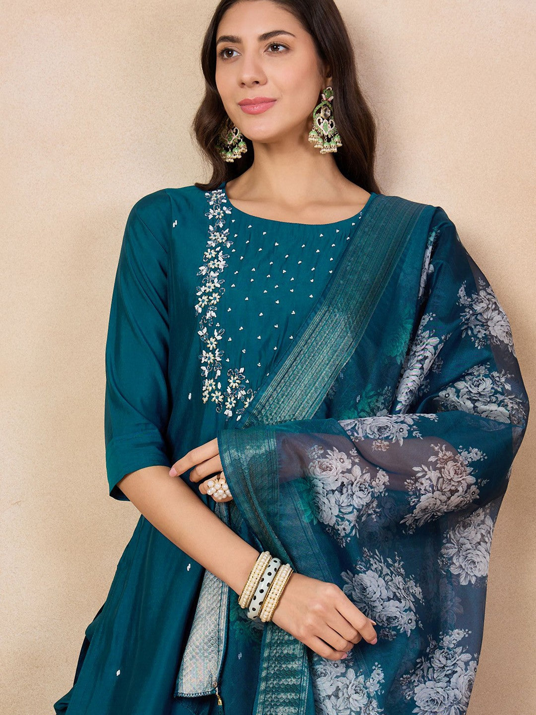 Rama Green Embroidered Chanderi Kurta Pant Set