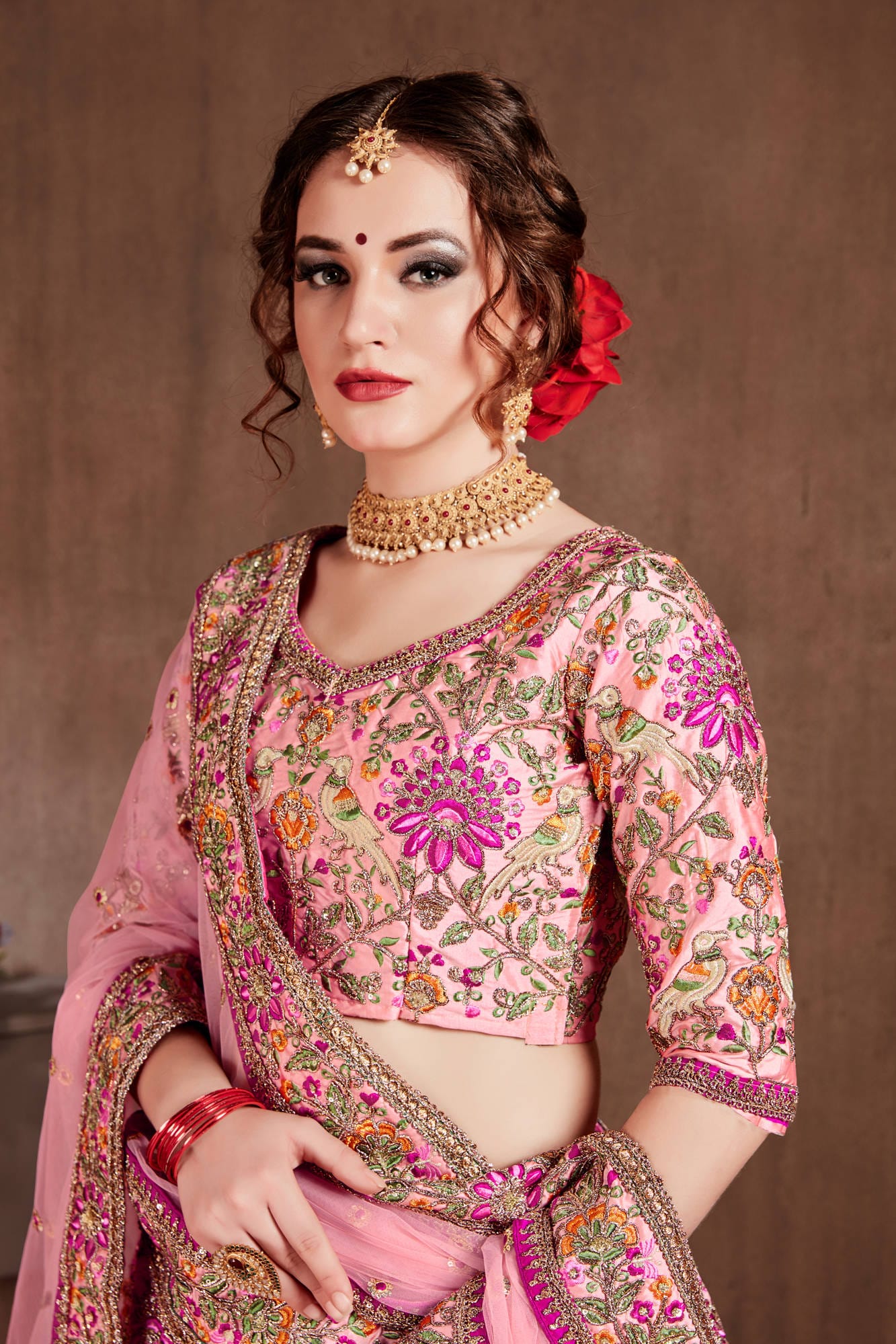 Pastel Pink Taffeta Silk Embroidered Lehenga Choli