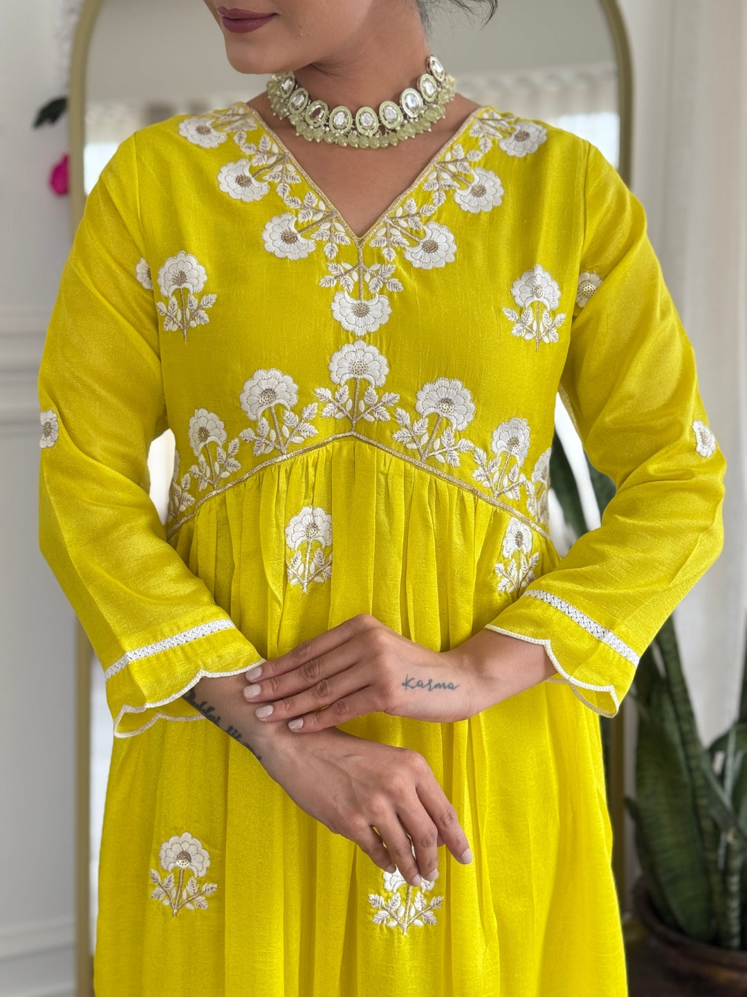 Lemon Embroidered Vichitra Silk Kurta Pant Set