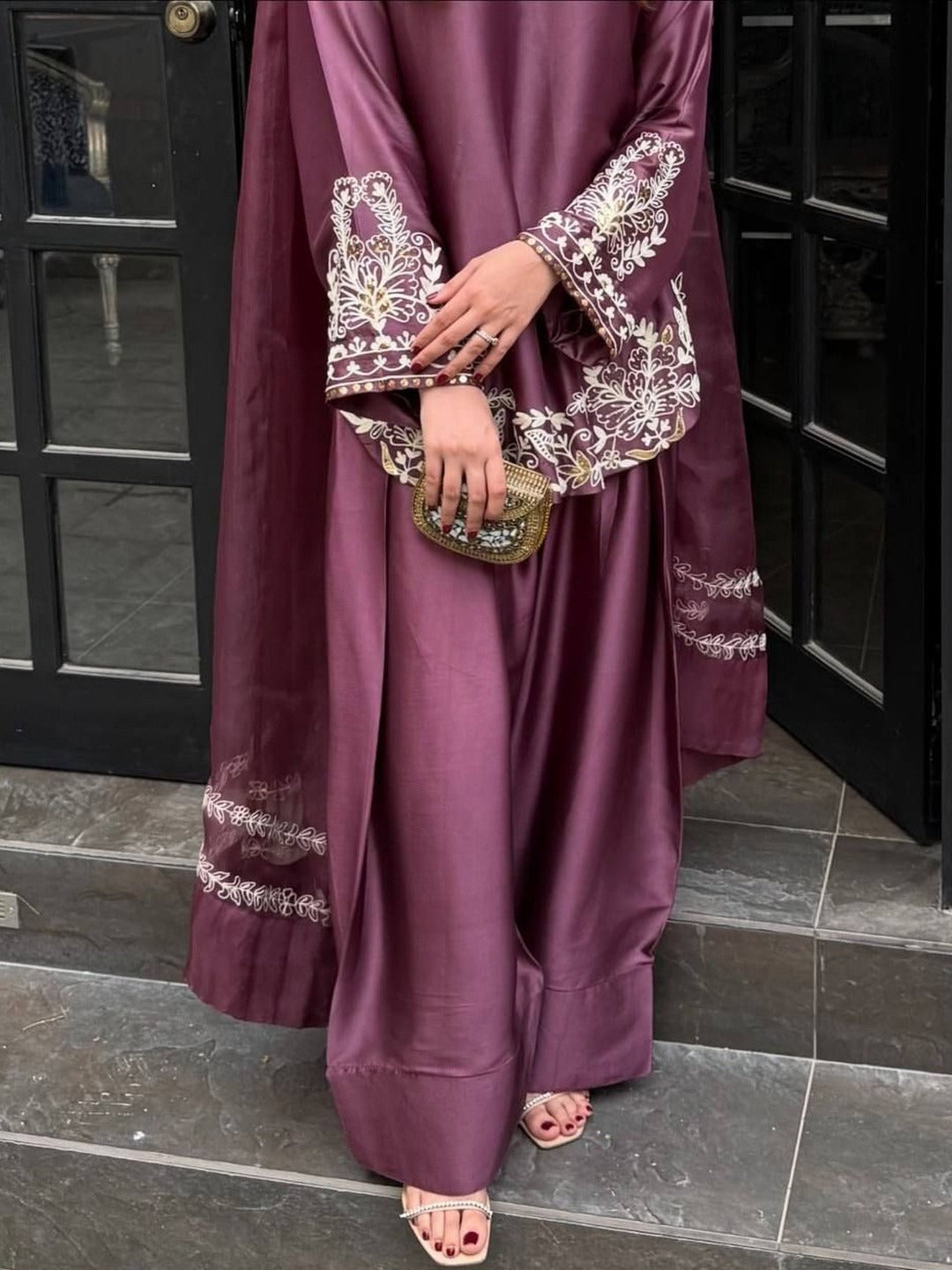 Onion Embroidered Silk Crepe Patiala Gharara Set