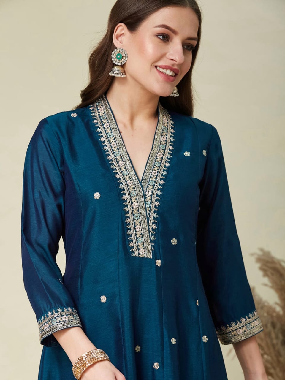 Rama Green Vichitra Embroidered Kurta Set