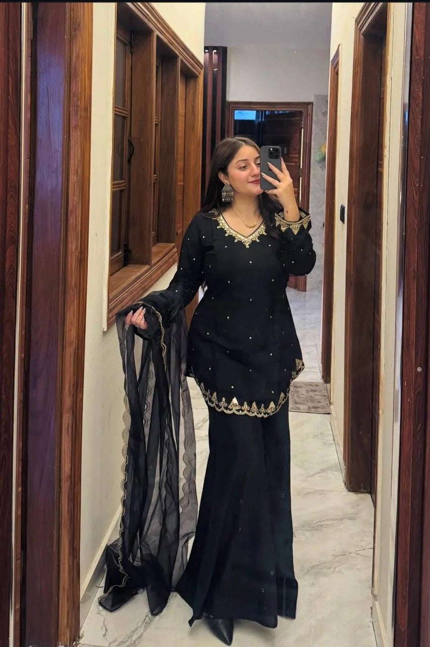 Black Silk Crepe Embroidered Palazzo Set