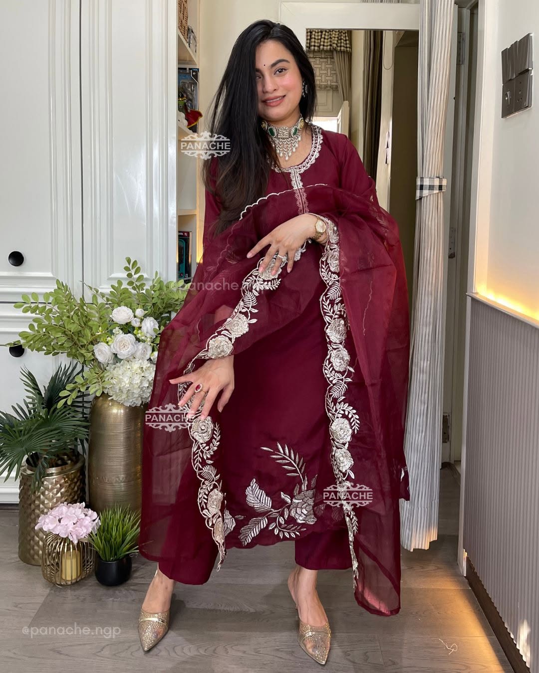 Maroon Mul Chanderi Embroidered Kurta Set