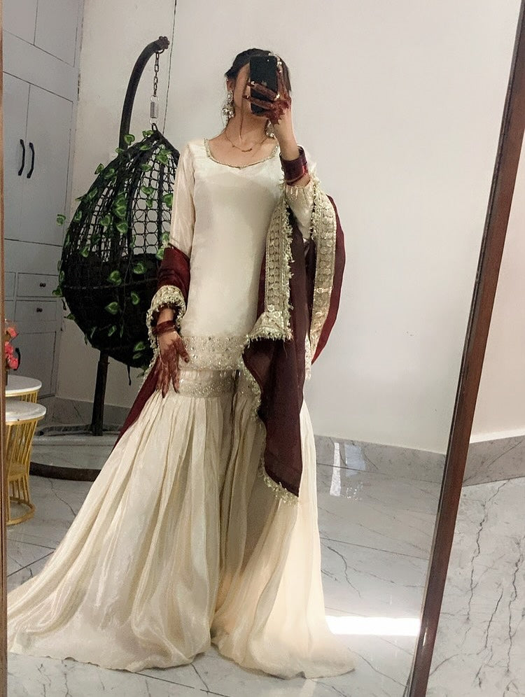 Cream Chinnon Silk Embroidered Sharara Set