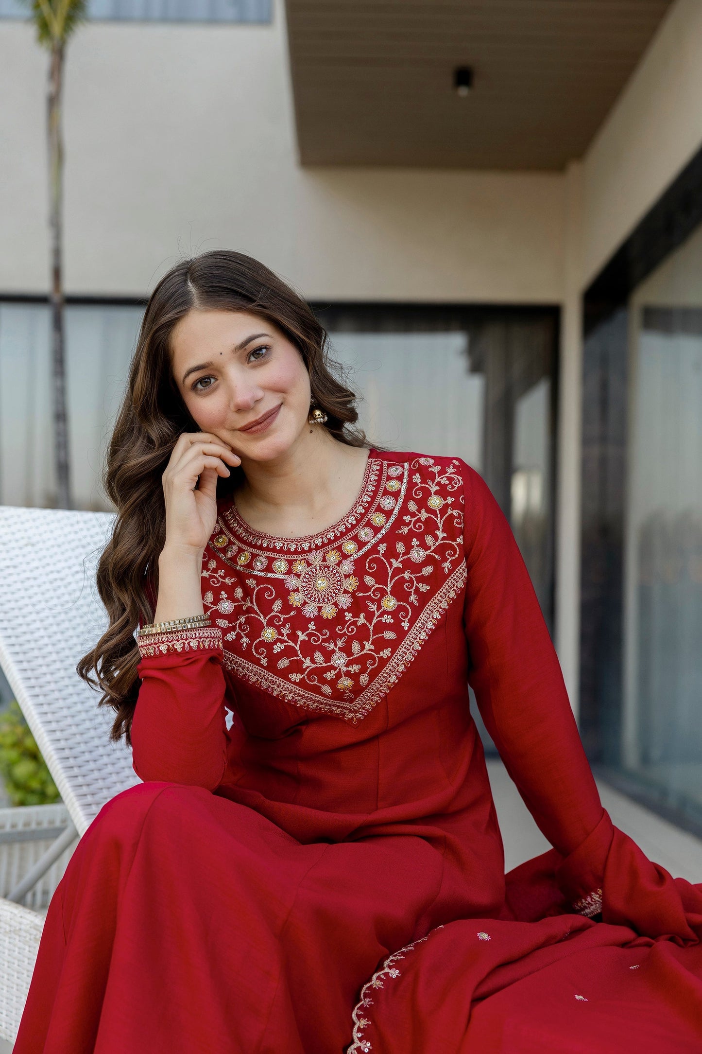 Red Embroidered Vichitra Silk Anarkali Kurta Set