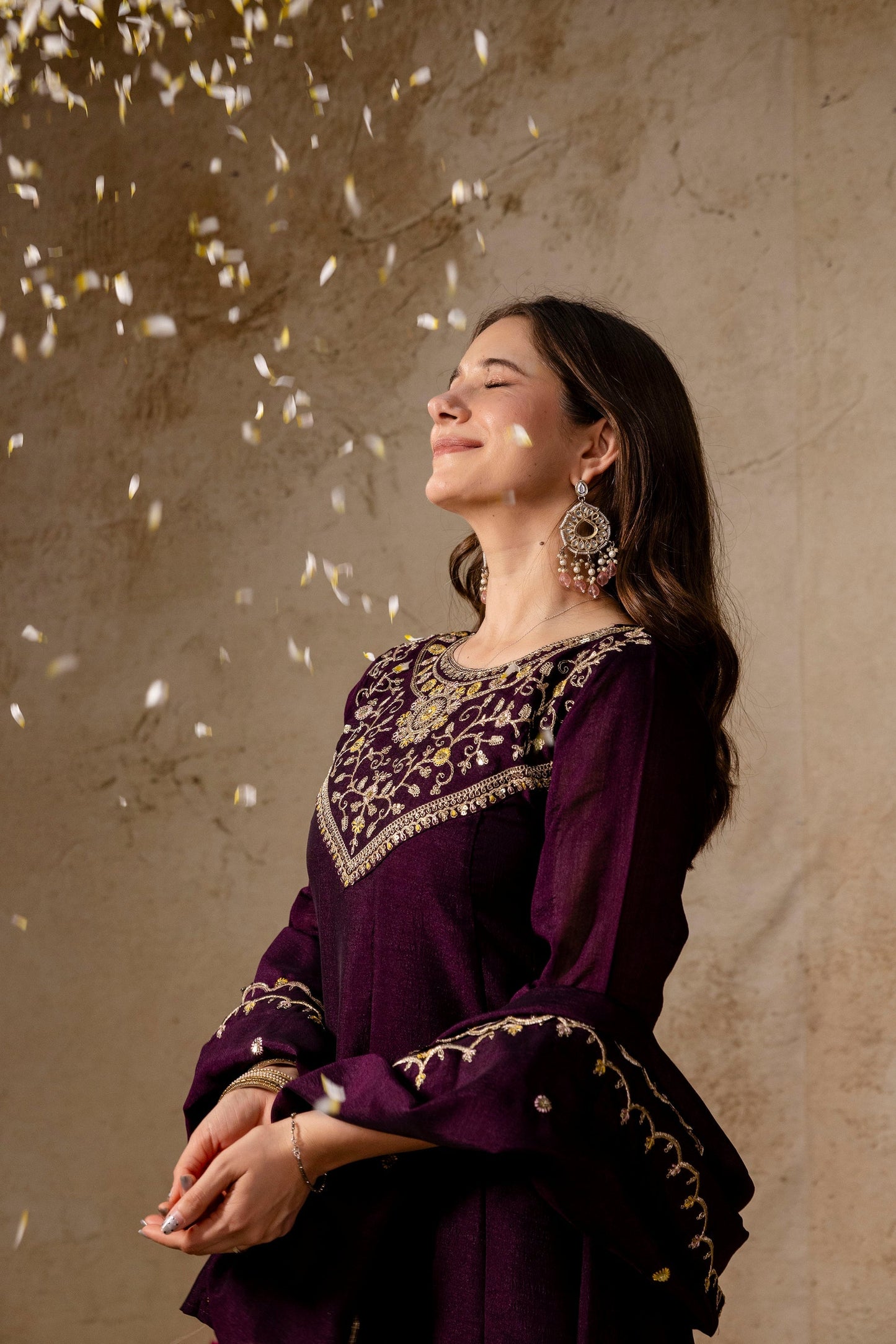 Wine Embroidered Vichitra Silk Anarkali Kurta Set