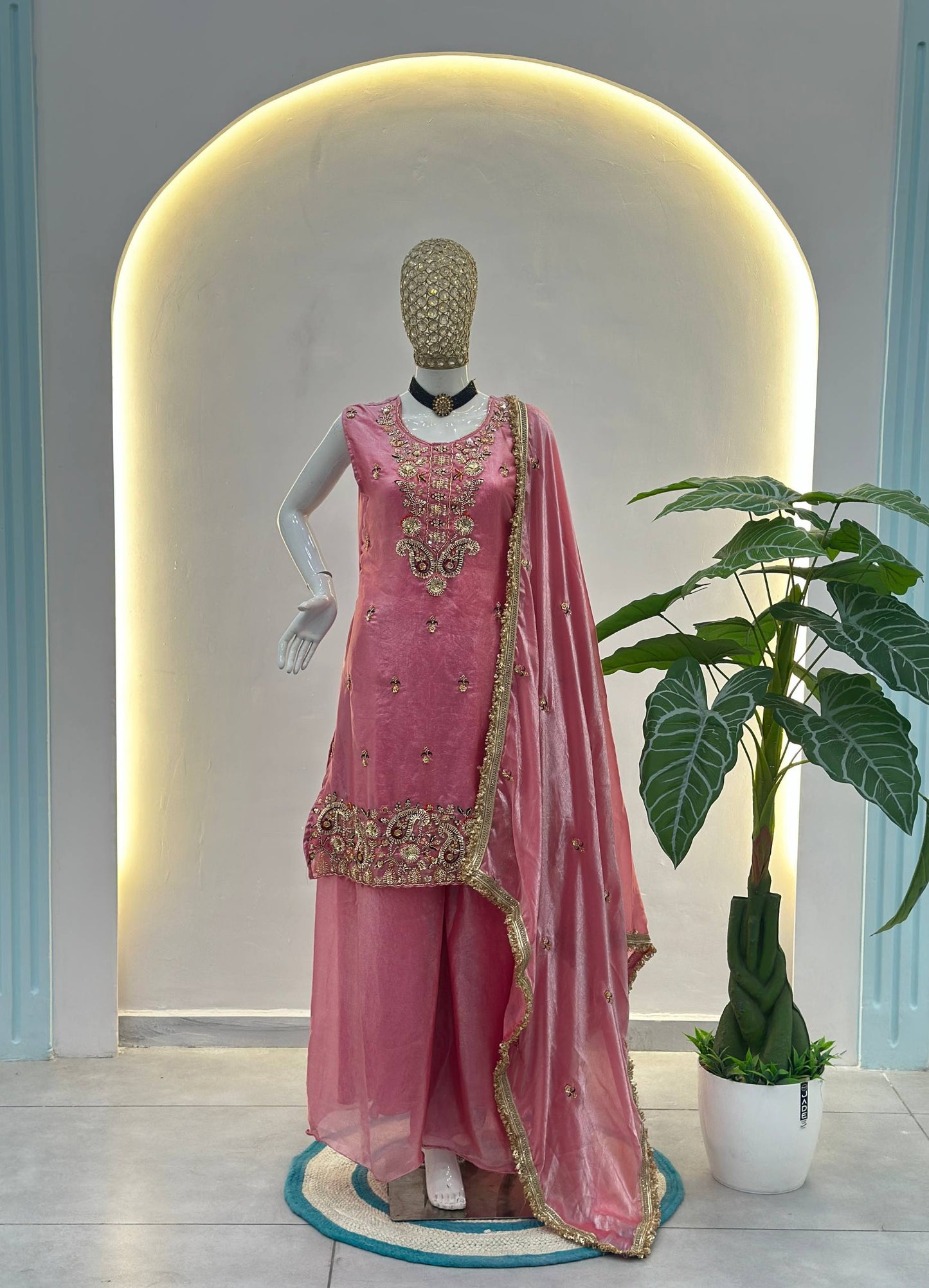 Luxury Blush Pink Embroidered Silk Palazzo Set