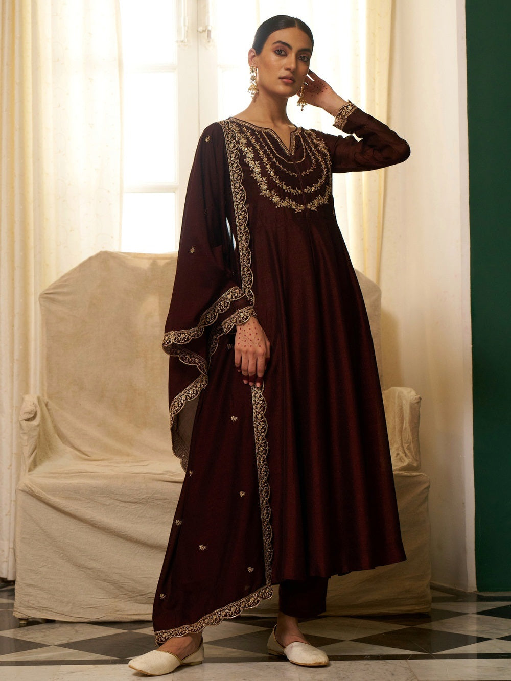Brown Embroidered Vichitra Silk Sharara Suit Set