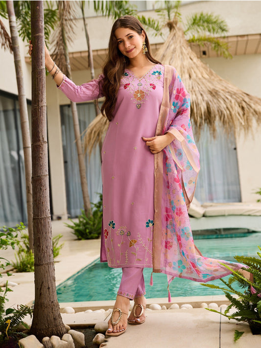 Pink Floral Embroidered Suit Set